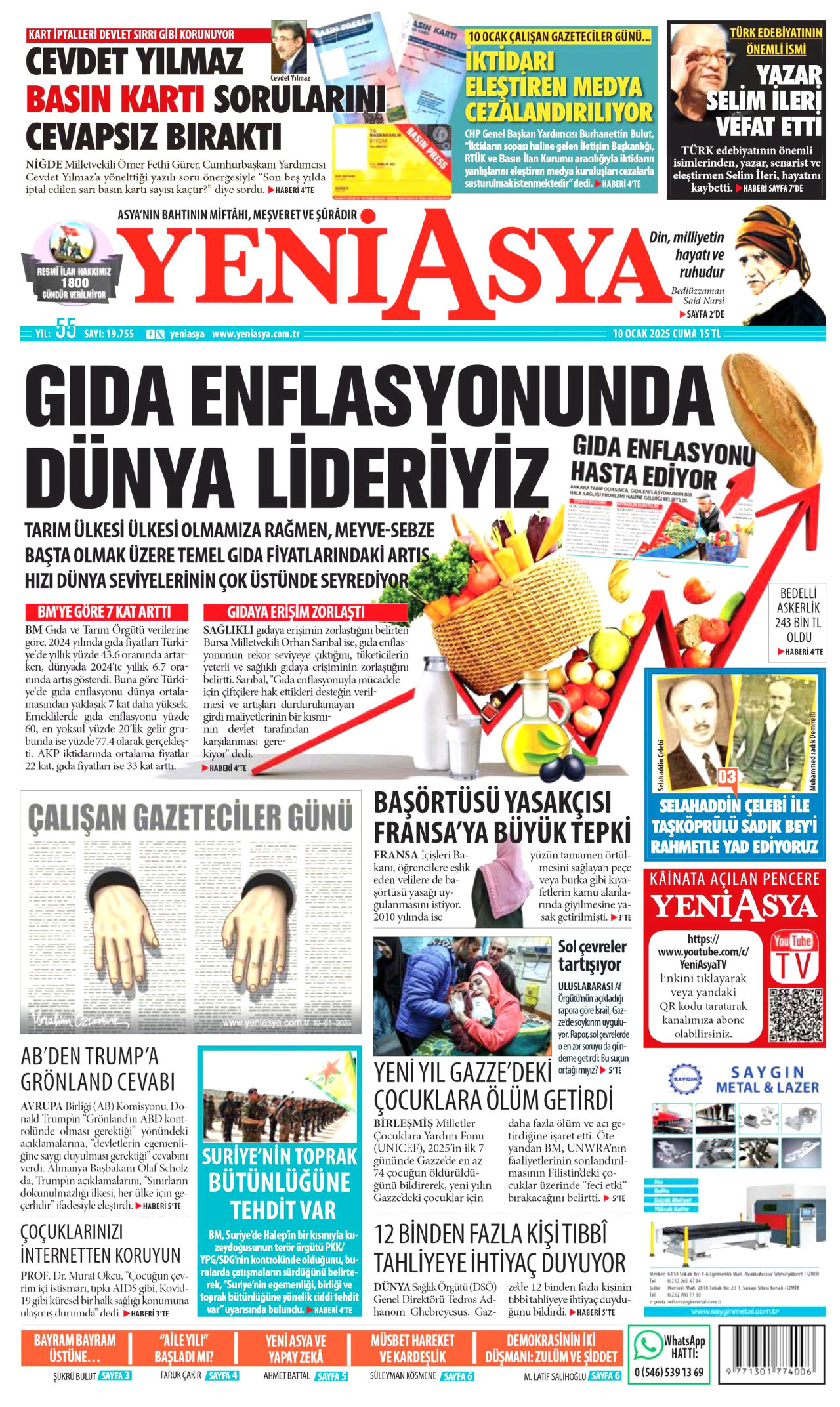 YENİ ASYA gazetesinin 10 Ocak 2025 tarihli birinci sayfası