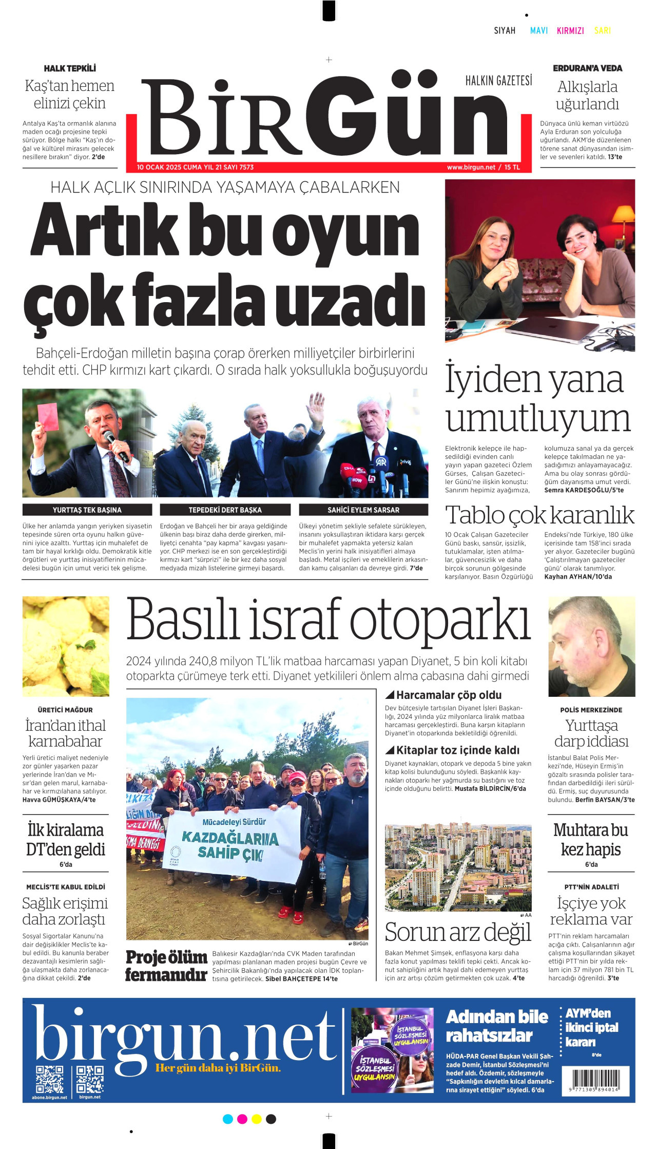 BİRGÜN gazetesinin 10 Ocak 2025 tarihli birinci sayfası