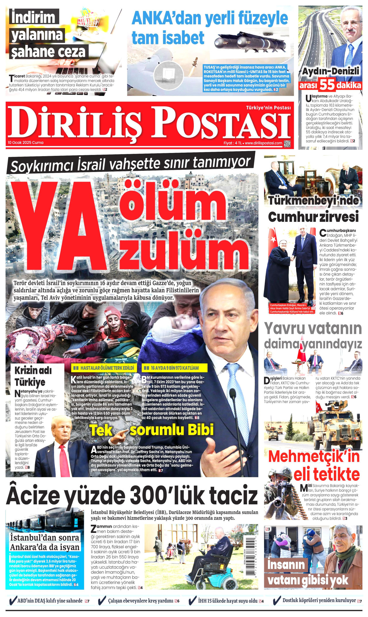 DİRİLİŞ POSTASI gazetesinin 10 Ocak 2025 tarihli birinci sayfası