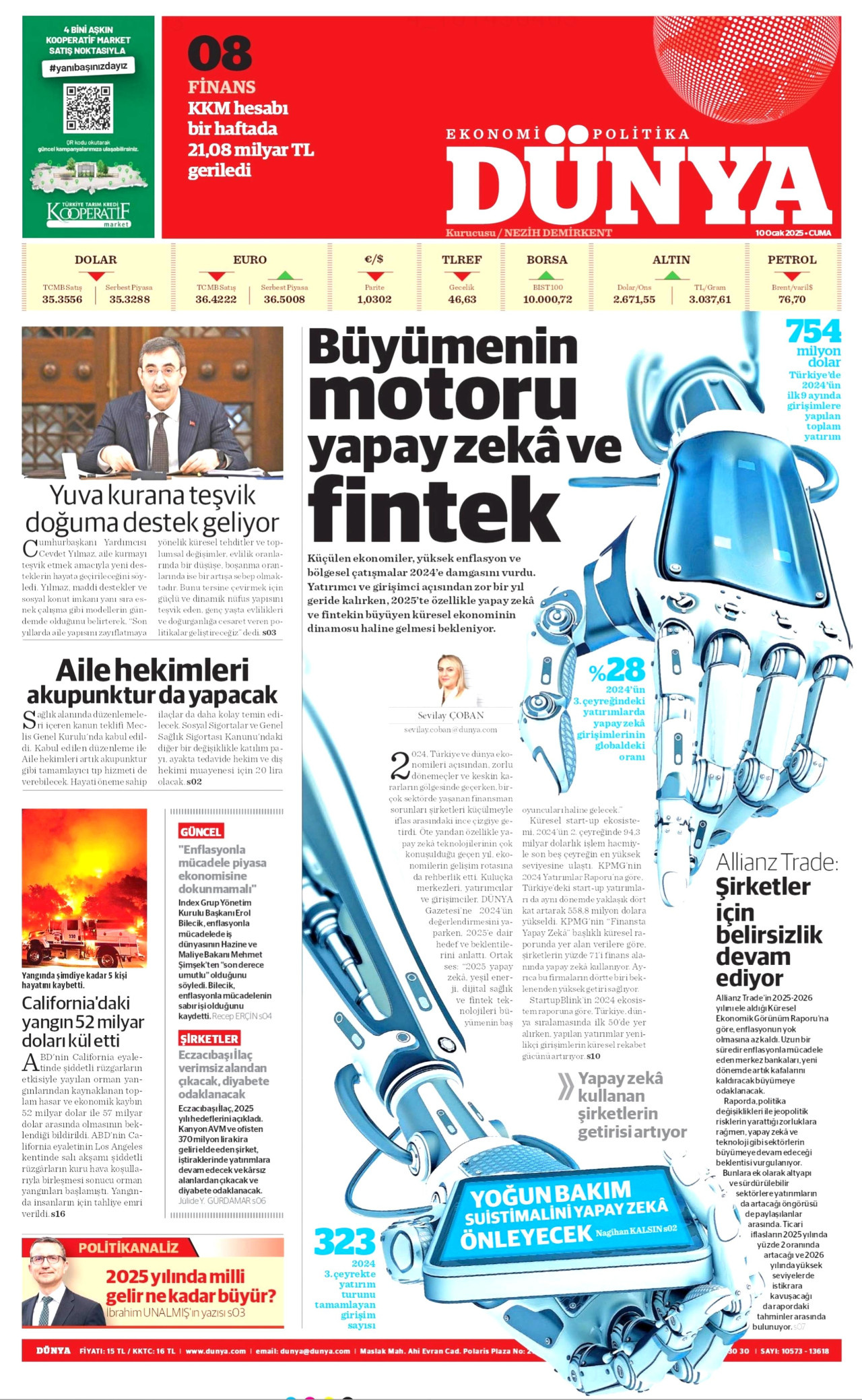 DÜNYA gazetesinin 10 Ocak 2025 tarihli birinci sayfası