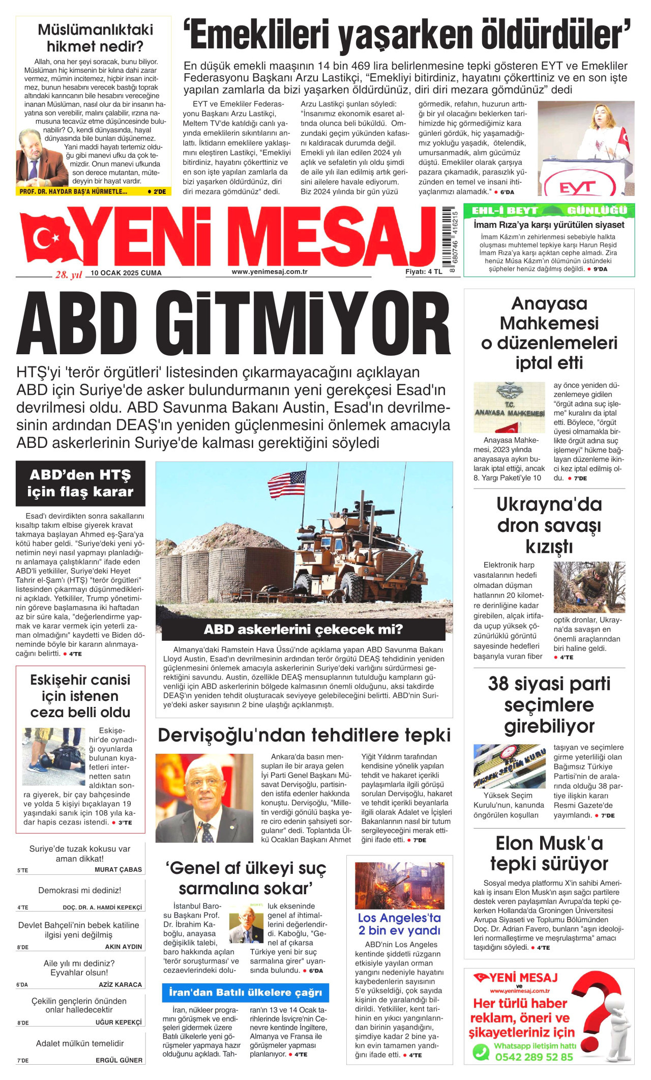 YENİ MESAJ gazetesinin 10 Ocak 2025 tarihli birinci sayfası