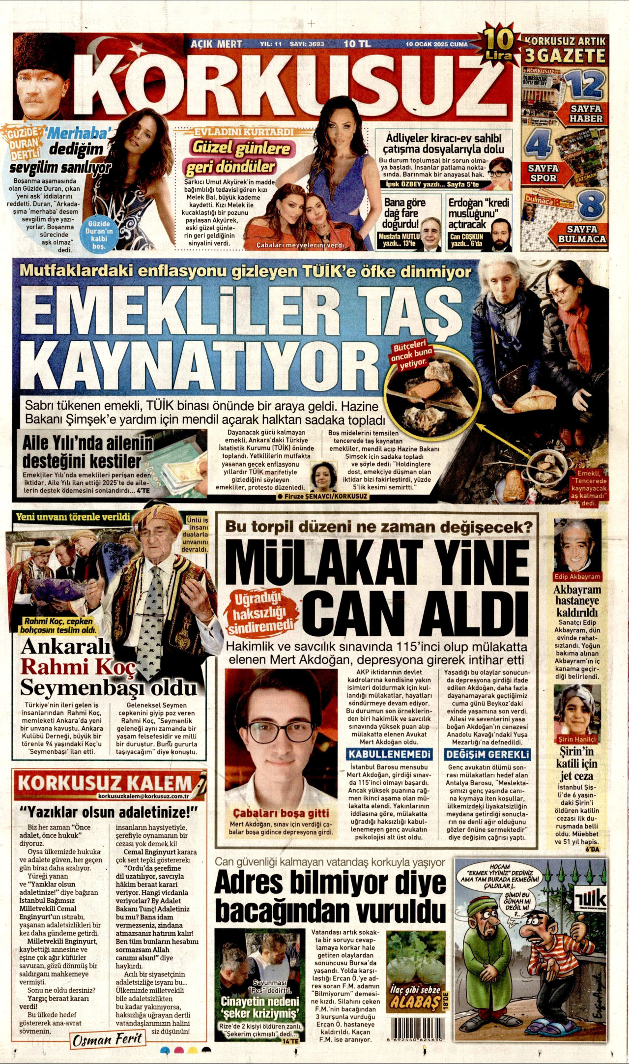 KORKUSUZ gazetesinin 10 Ocak 2025 tarihli birinci sayfası
