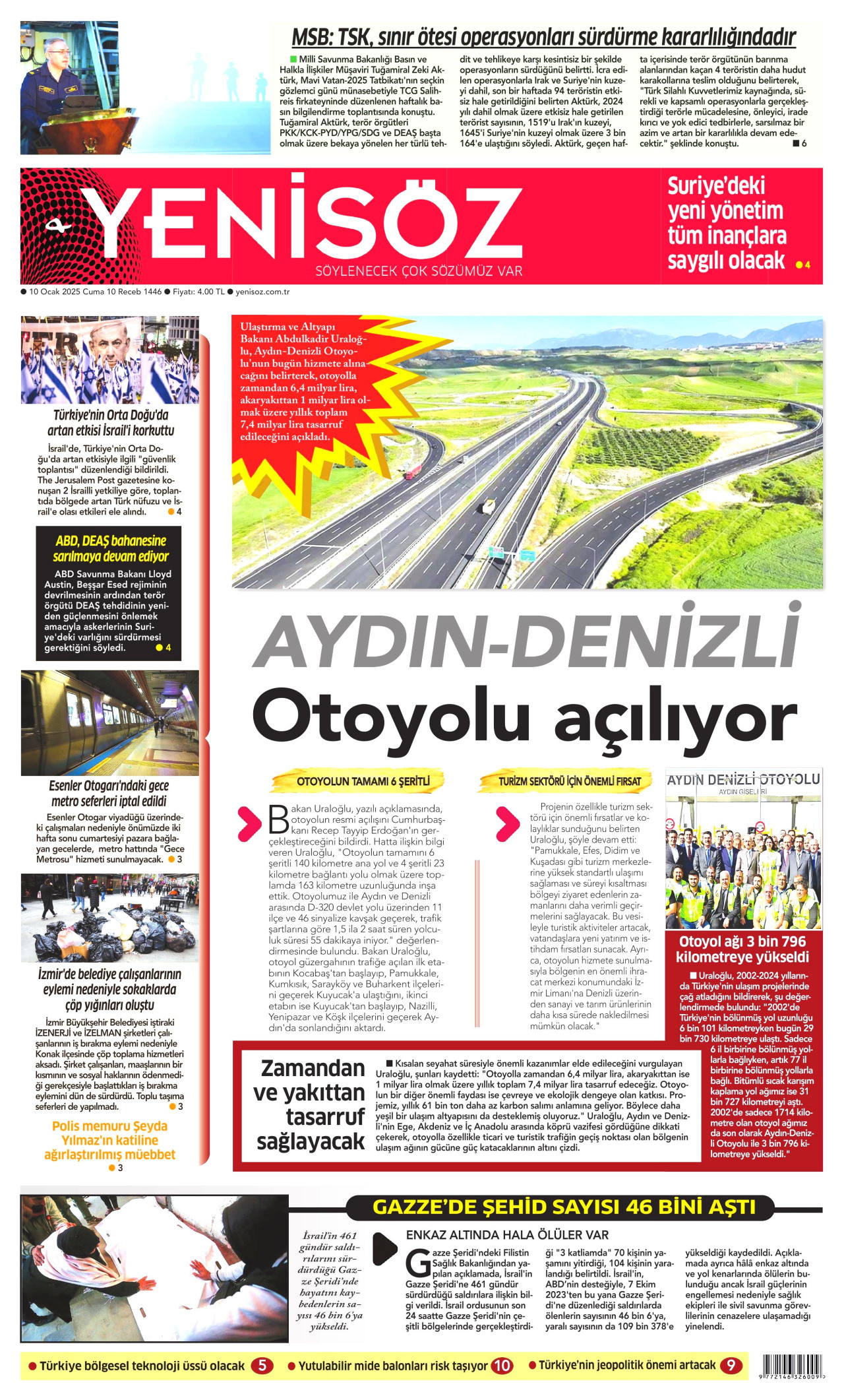 YENİ SÖZ GAZETESİ gazetesinin 10 Ocak 2025 tarihli birinci sayfası