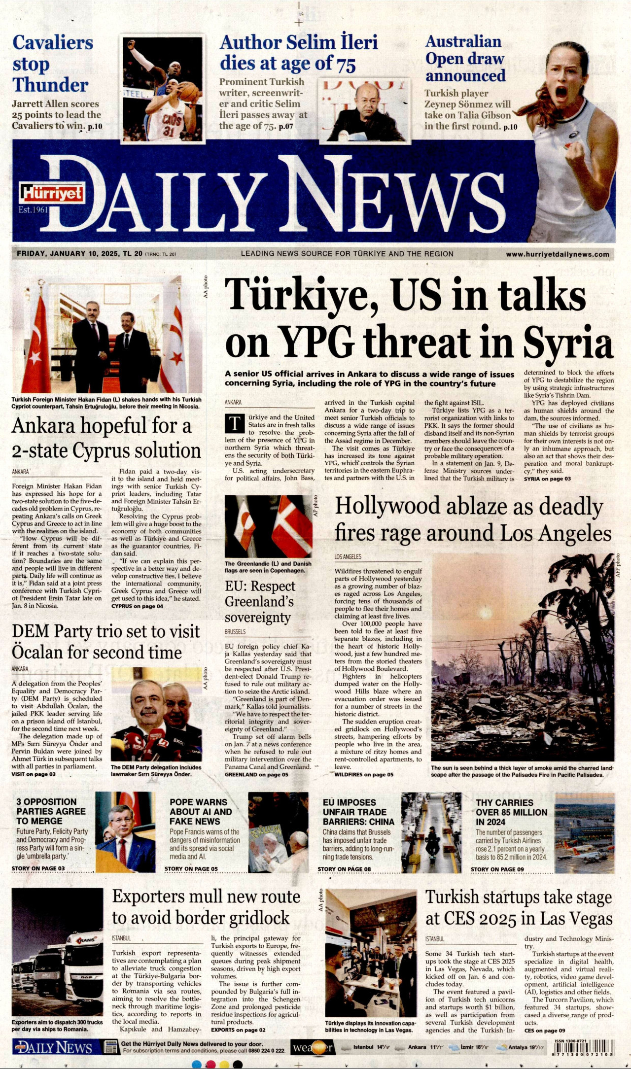 HÜRRİYET DAİLY NEWS gazetesinin 10 Ocak 2025 tarihli birinci sayfası