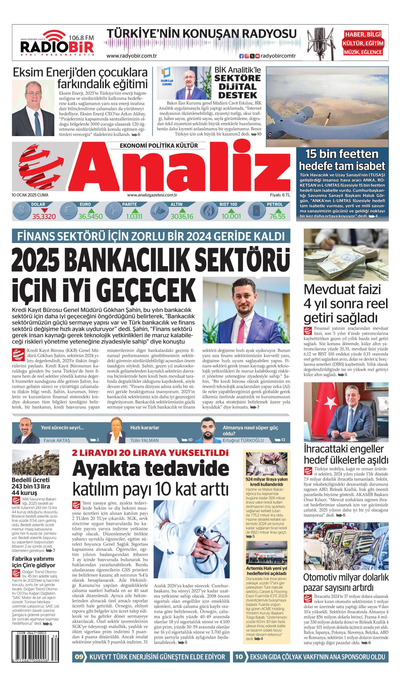 ANALİZ gazetesinin 10 Ocak 2025 tarihli birinci sayfası