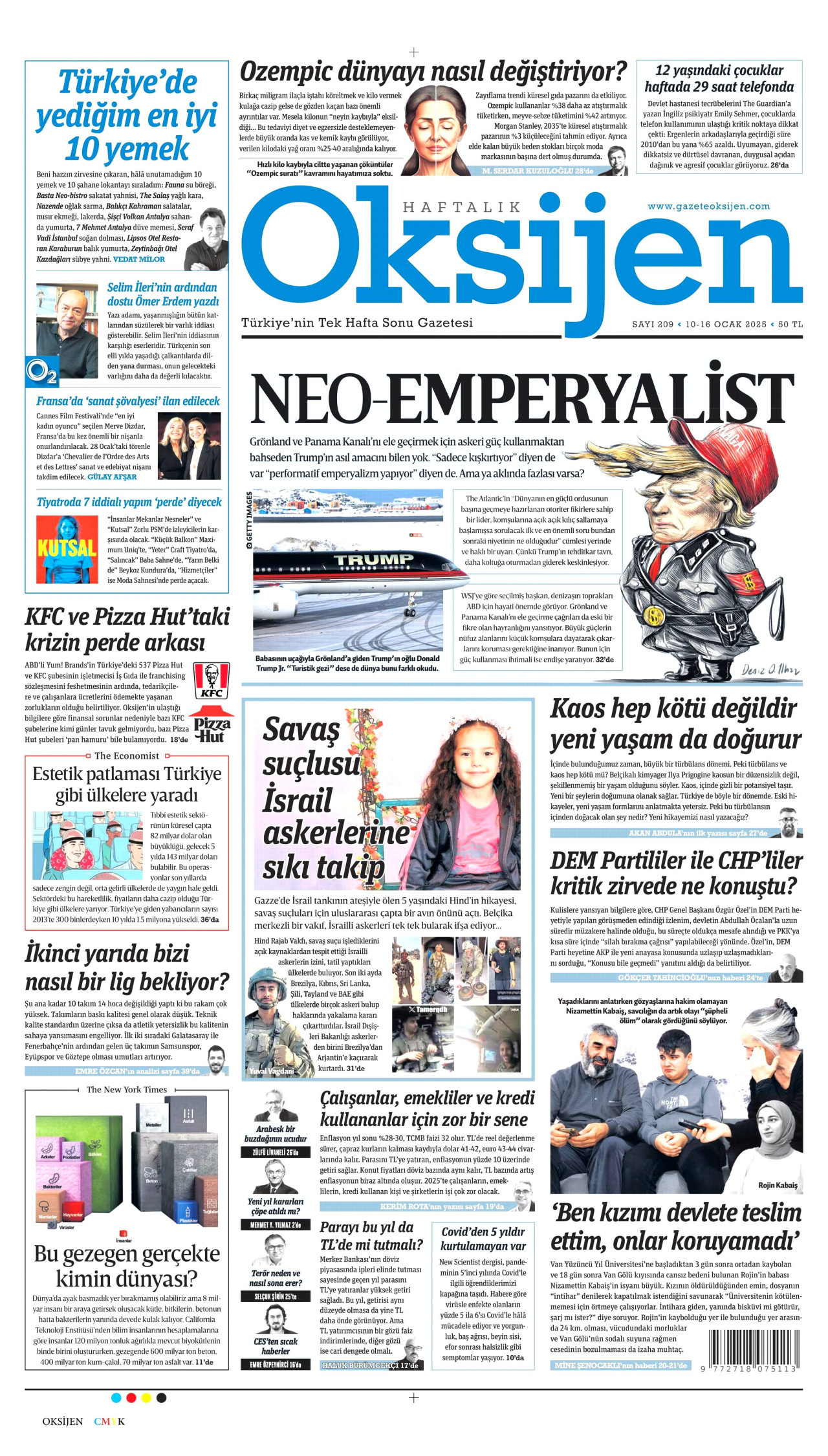 OKSİJEN gazetesinin 10 Ocak 2025 tarihli birinci sayfası