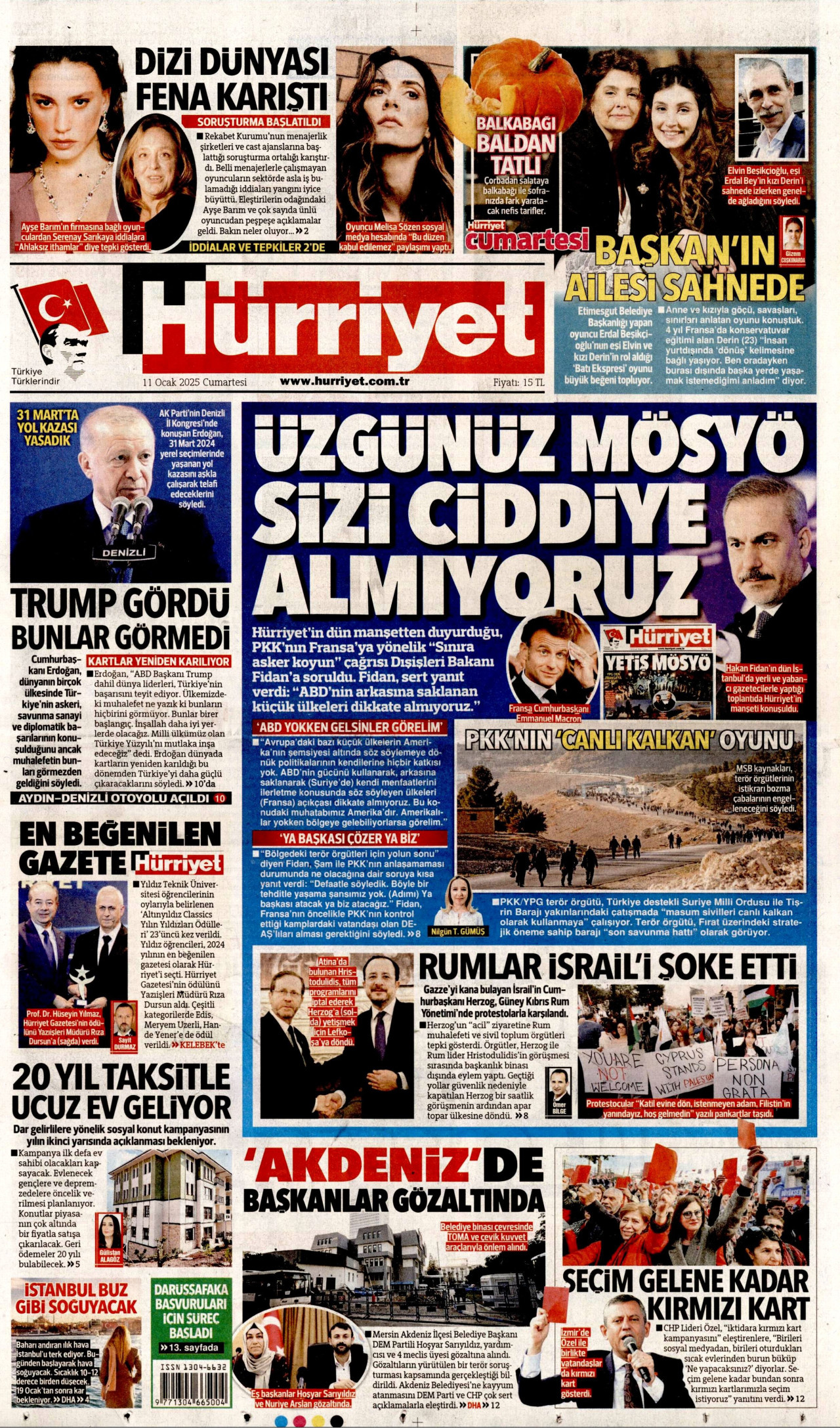 HÜRRİYET gazetesinin 11 Ocak 2025 tarihli birinci sayfası