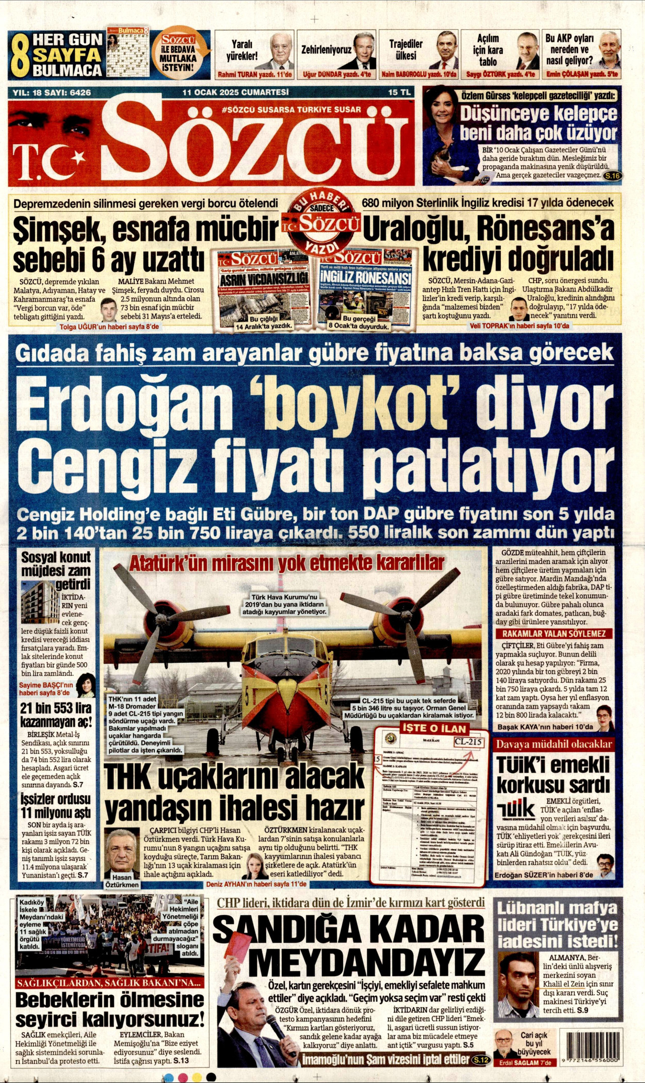 SÖZCÜ gazetesinin 11 Ocak 2025 tarihli birinci sayfası
