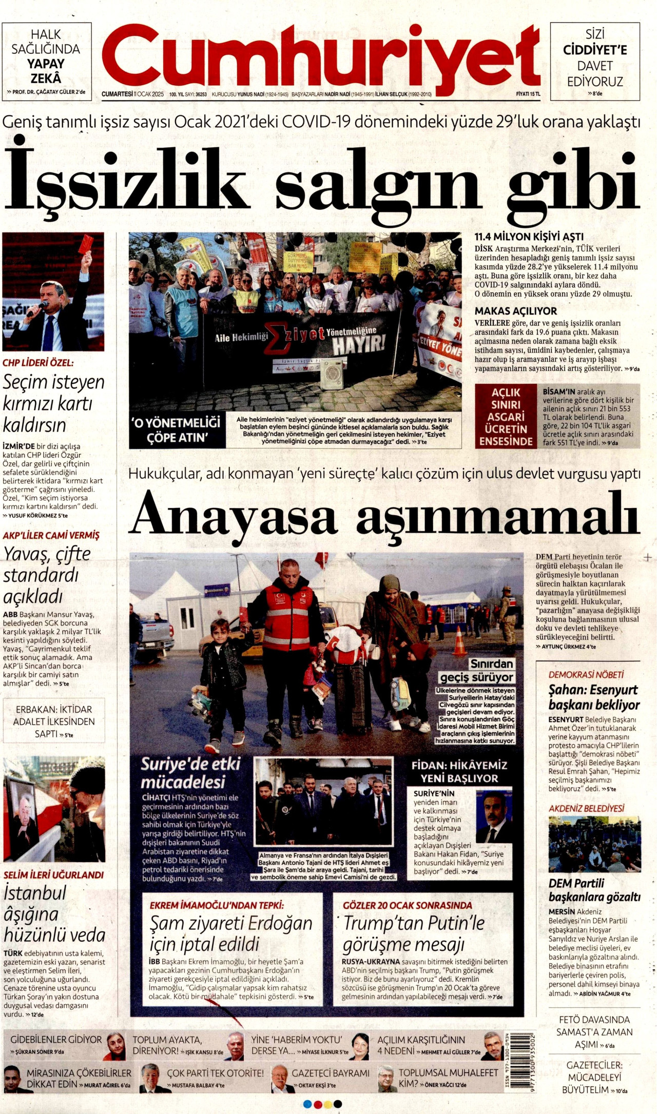 CUMHURİYET gazetesinin 11 Ocak 2025 tarihli birinci sayfası