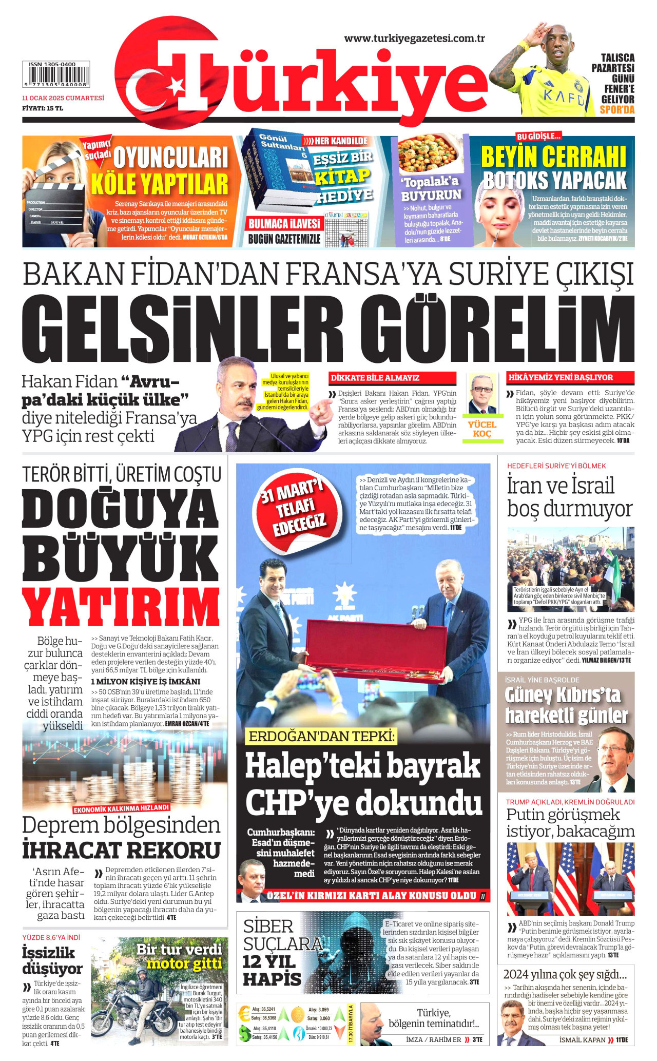 TÜRKİYE GAZETESİ gazetesinin 11 Ocak 2025 tarihli birinci sayfası