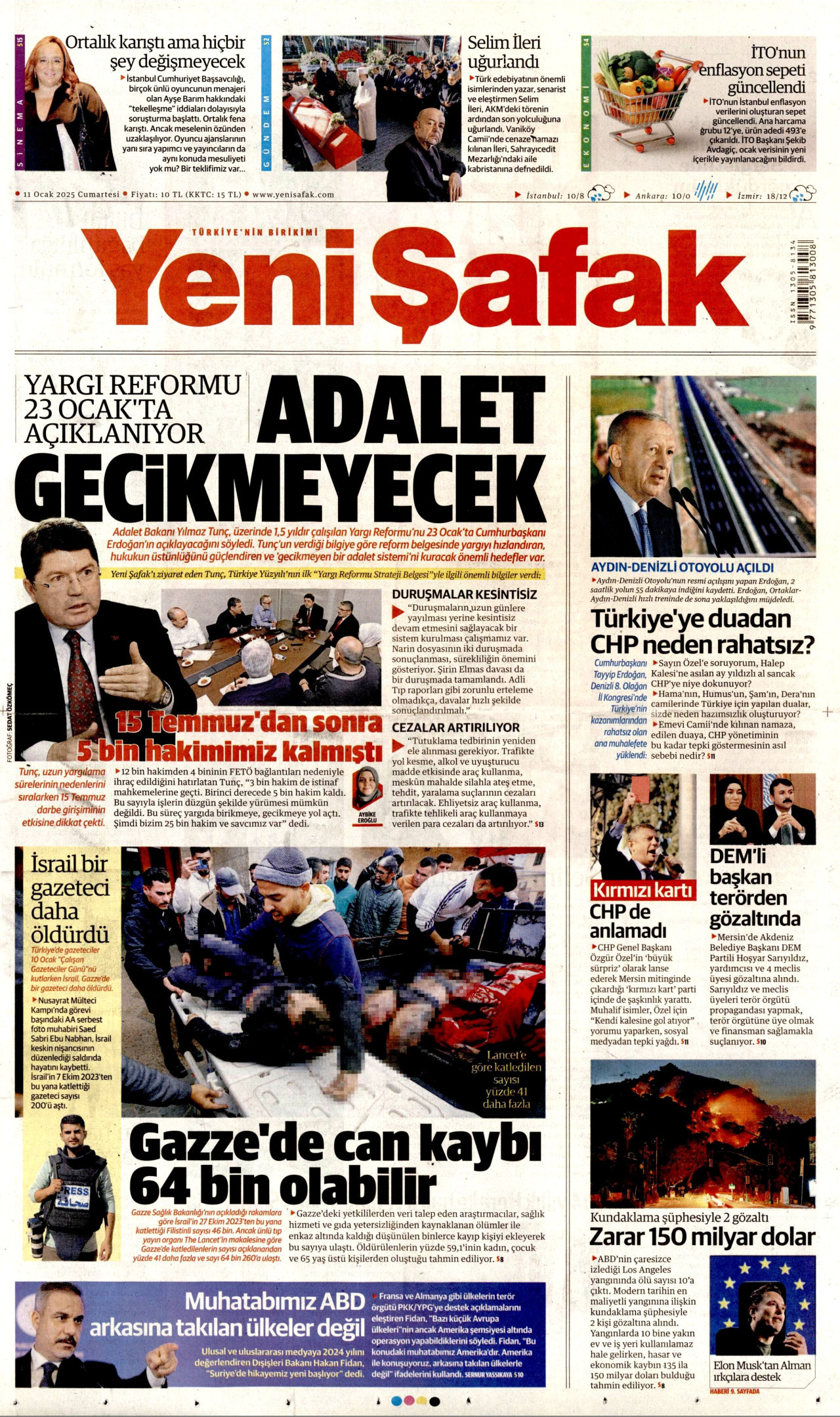 YENİ ŞAFAK gazetesinin 11 Ocak 2025 tarihli birinci sayfası