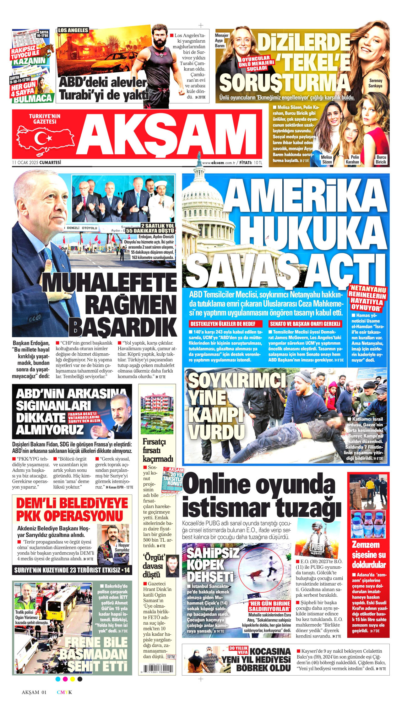 AKŞAM gazetesinin 11 Ocak 2025 tarihli birinci sayfası