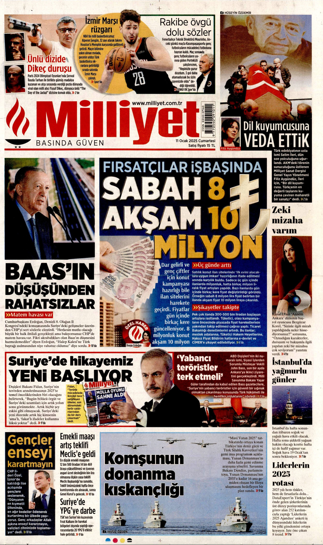 MİLLİYET gazetesinin 11 Ocak 2025 tarihli birinci sayfası