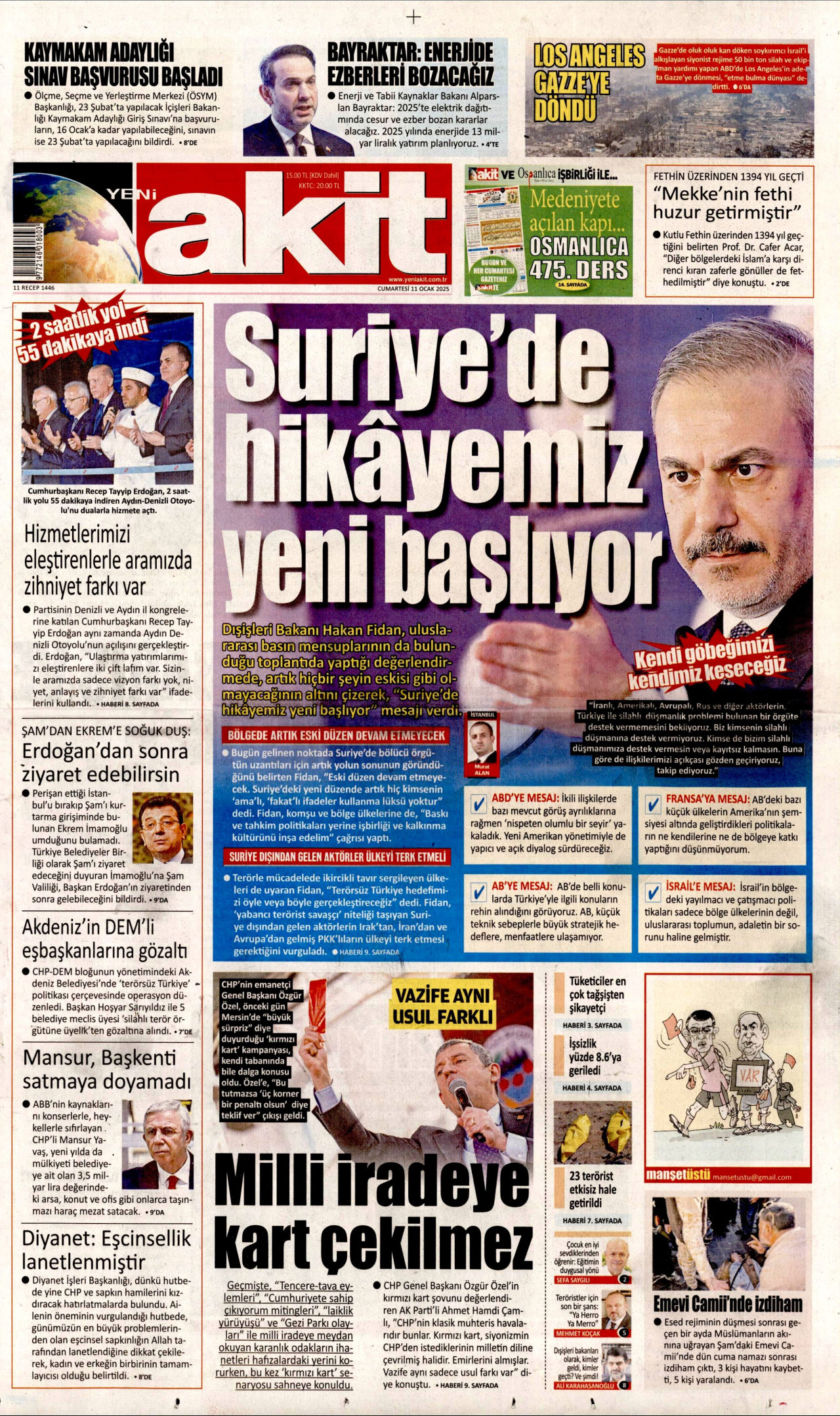 YENİ AKİT gazetesinin 11 Ocak 2025 tarihli birinci sayfası