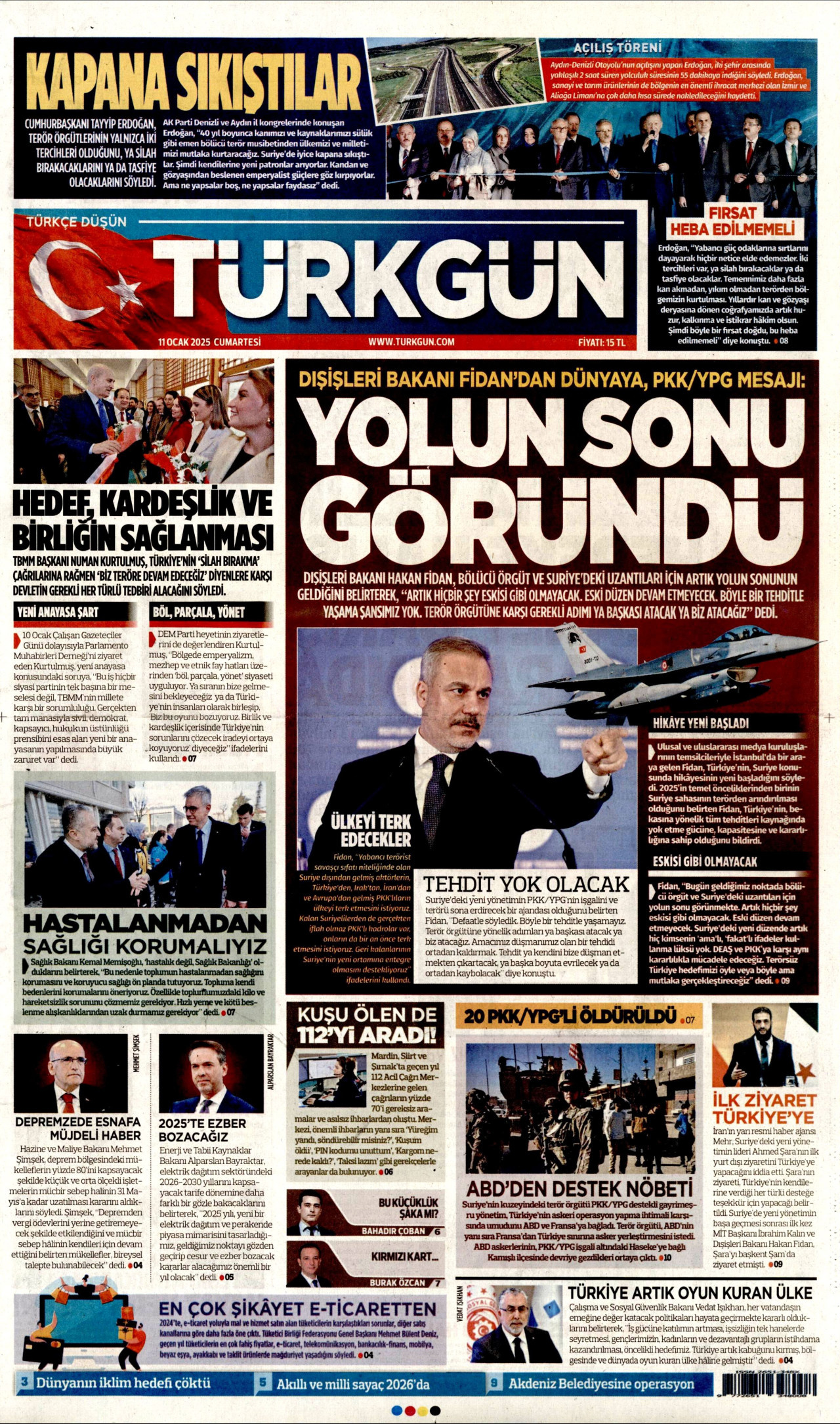 TÜRKGÜN gazetesinin 11 Ocak 2025 tarihli birinci sayfası