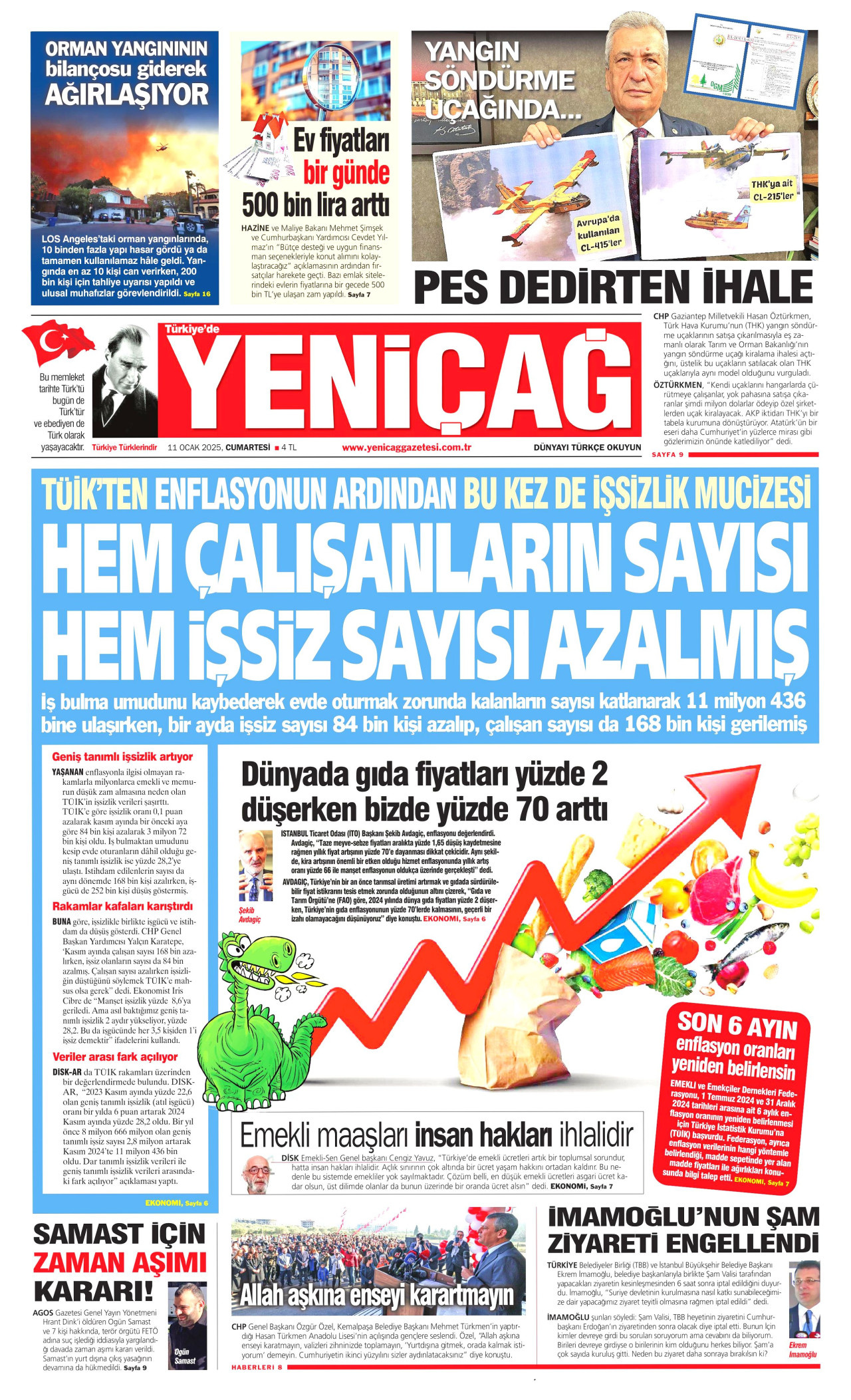 YENİÇAĞ gazetesinin 11 Ocak 2025 tarihli birinci sayfası