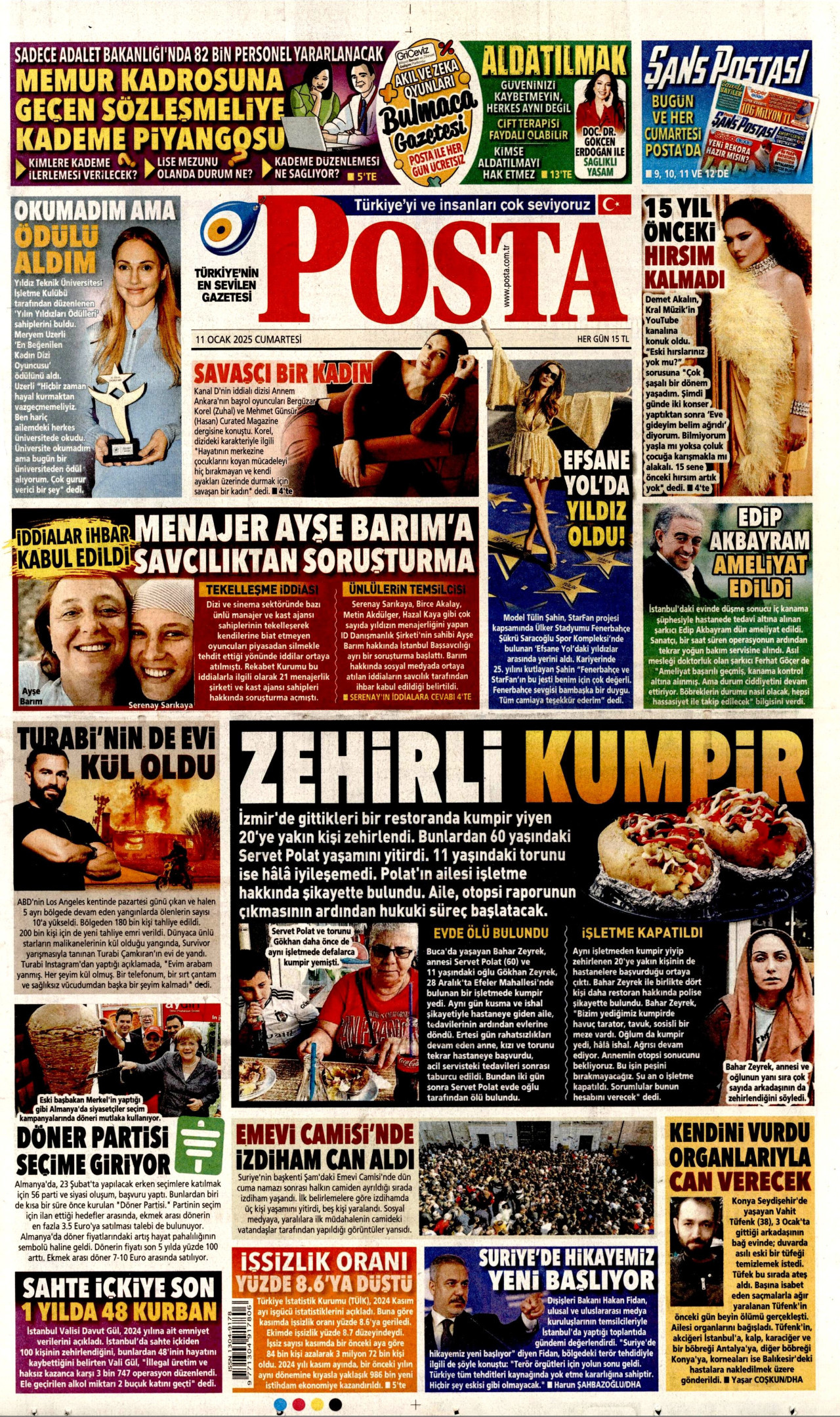POSTA gazetesinin 11 Ocak 2025 tarihli birinci sayfası