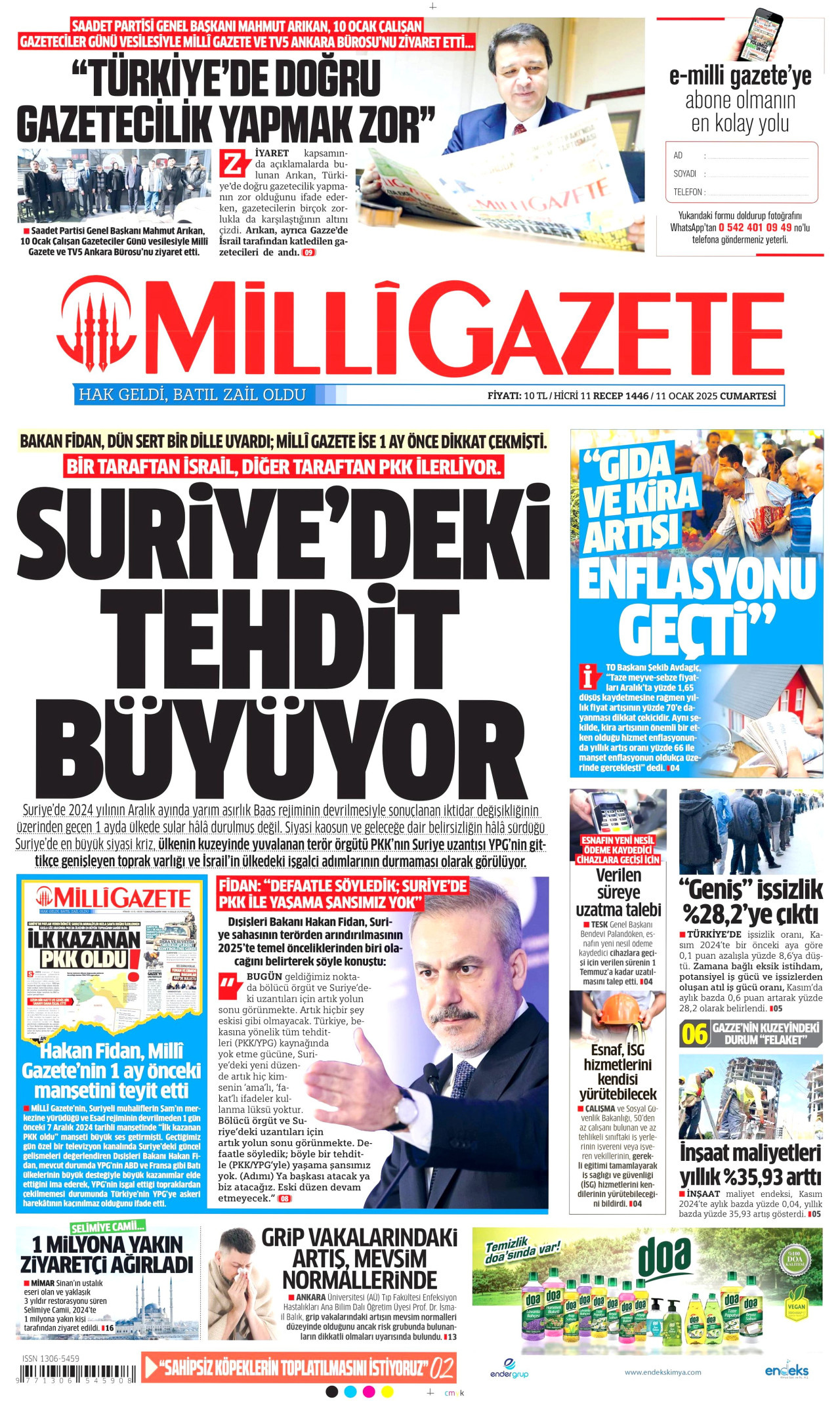 MİLLİ GAZETE gazetesinin 11 Ocak 2025 tarihli birinci sayfası