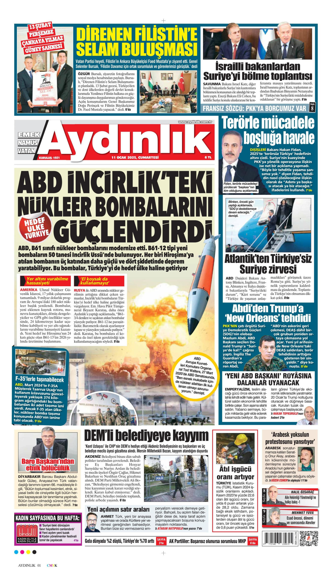 AYDINLIK GAZETESİ gazetesinin 11 Ocak 2025 tarihli birinci sayfası