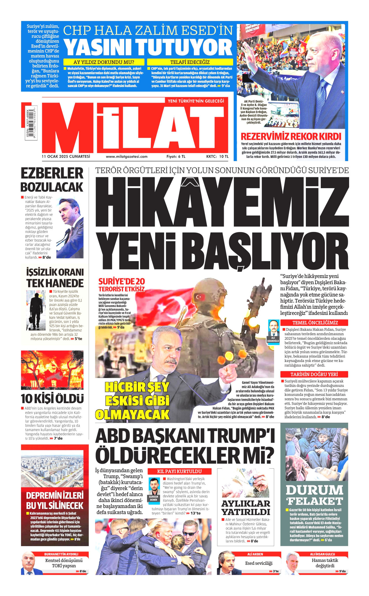 MİLAT gazetesinin 11 Ocak 2025 tarihli birinci sayfası