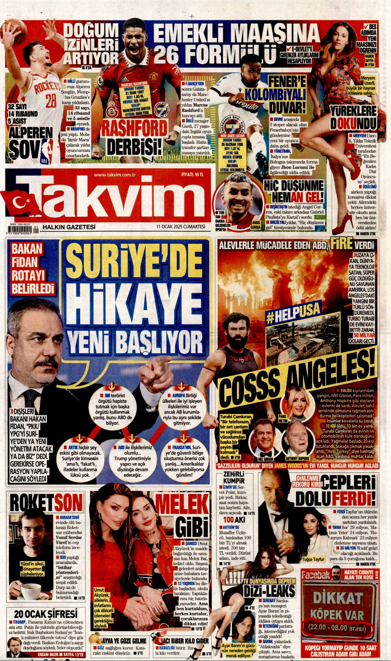 TAKVİM gazetesinin 11 Ocak 2025 tarihli birinci sayfası