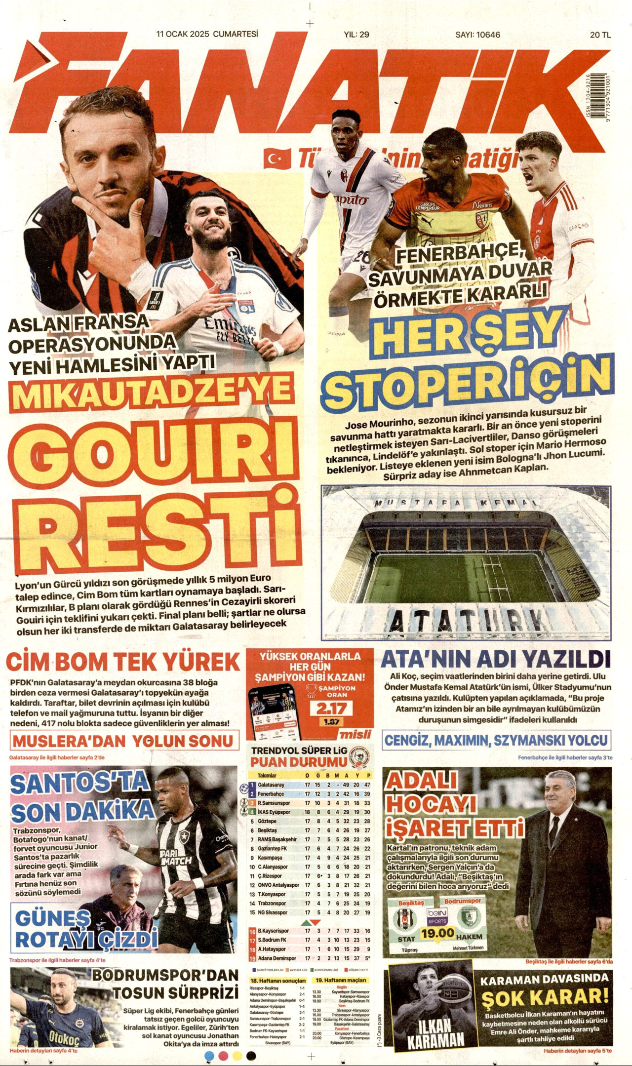 FANATİK gazetesinin 11 Ocak 2025 tarihli birinci sayfası