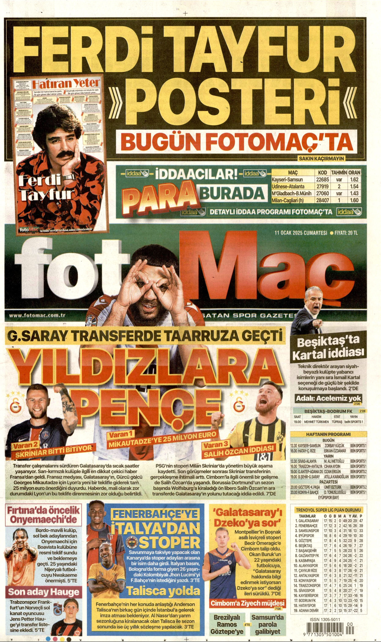 FOTOMAÇ gazetesinin 11 Ocak 2025 tarihli birinci sayfası