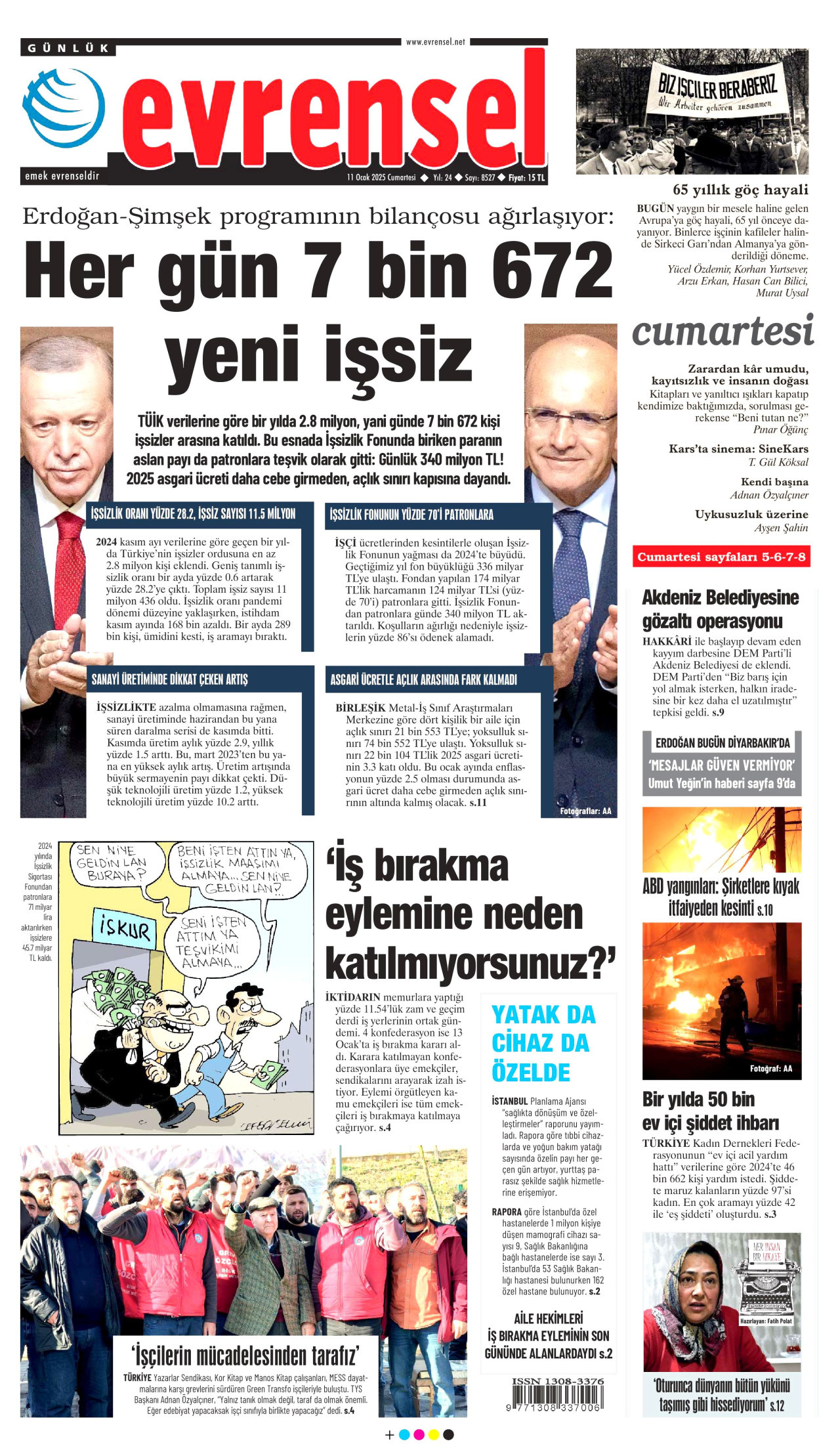 EVRENSEL gazetesinin 11 Ocak 2025 tarihli birinci sayfası