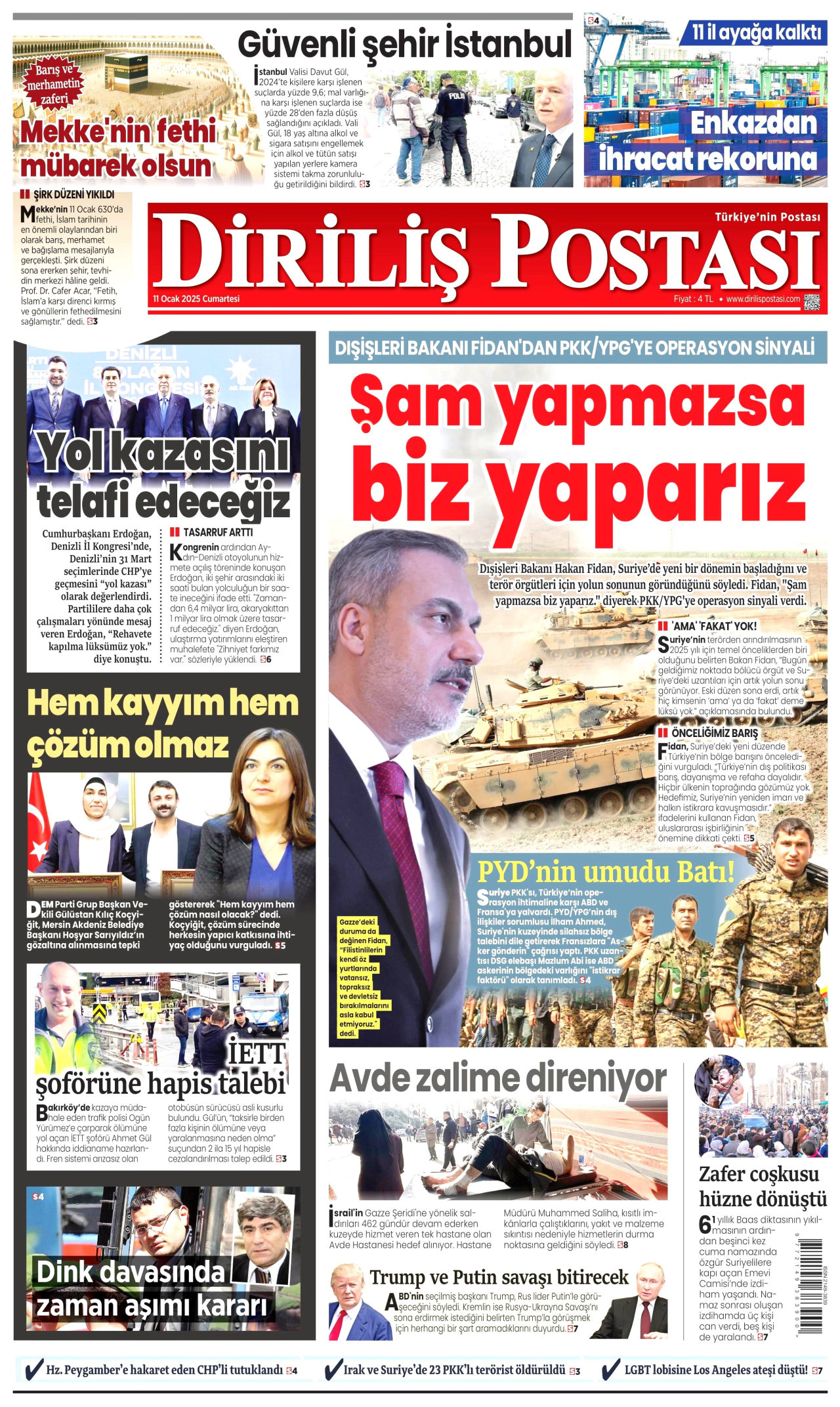 DİRİLİŞ POSTASI gazetesinin 11 Ocak 2025 tarihli birinci sayfası