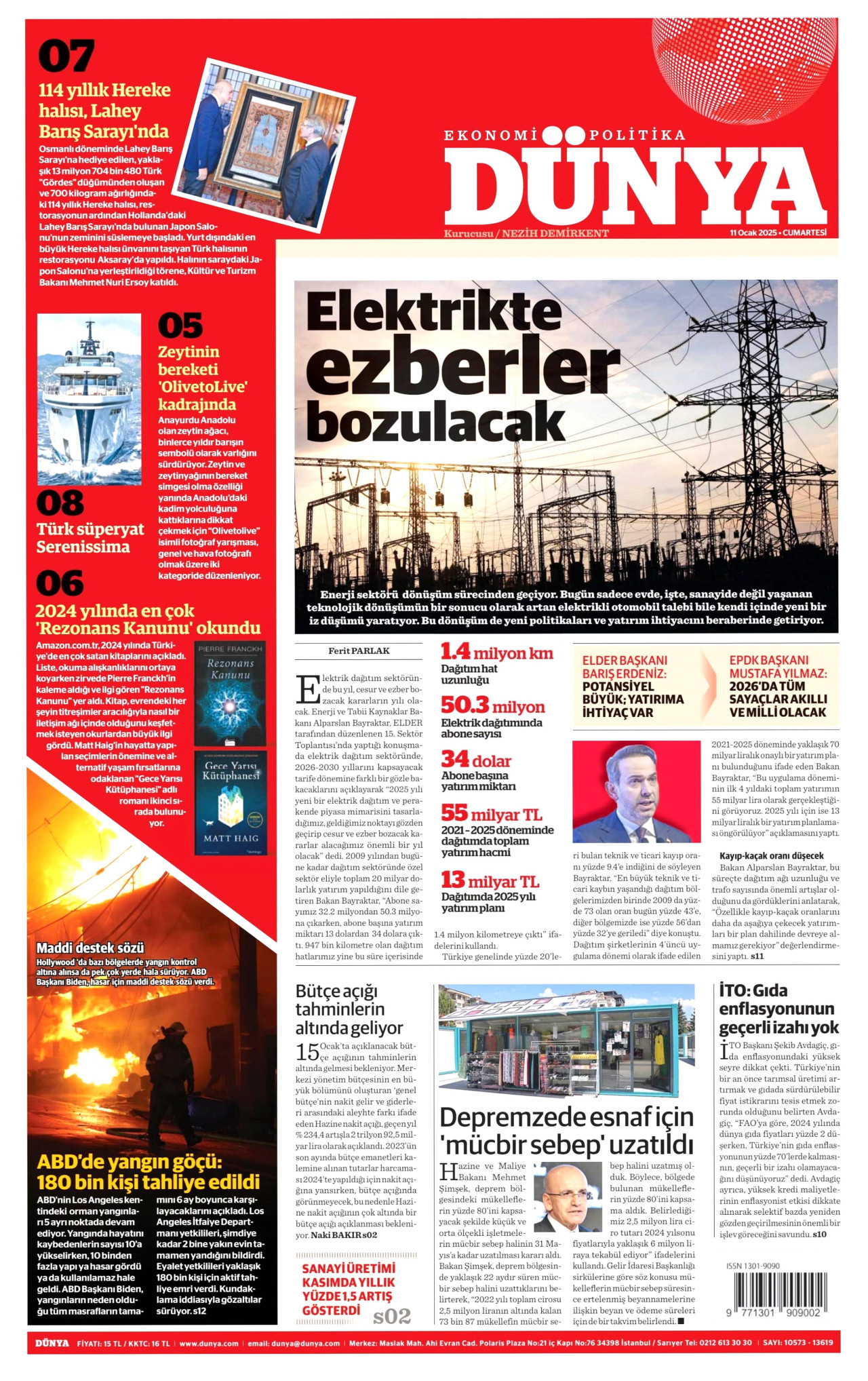 DÜNYA gazetesinin 11 Ocak 2025 tarihli birinci sayfası