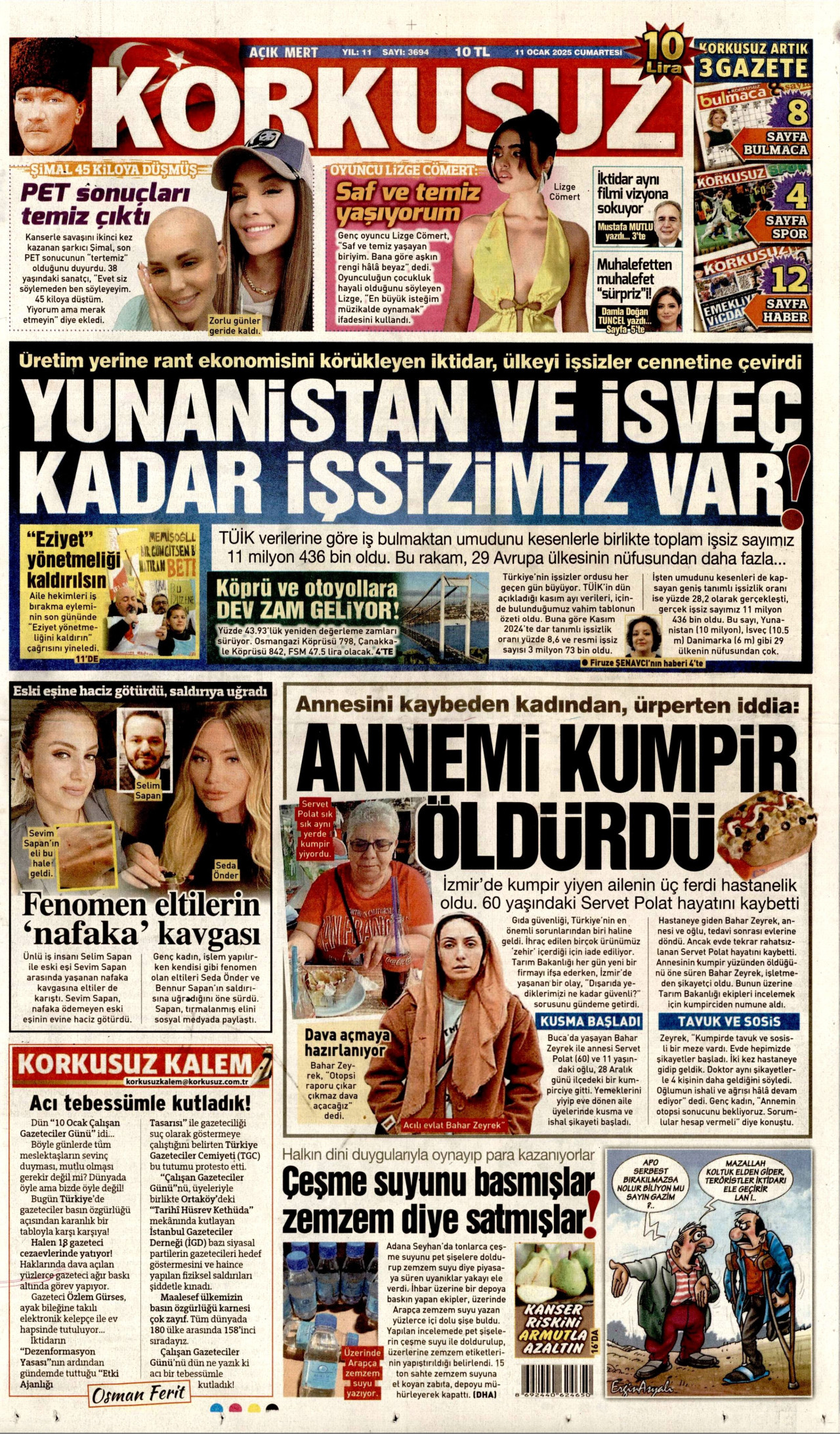KORKUSUZ gazetesinin 11 Ocak 2025 tarihli birinci sayfası
