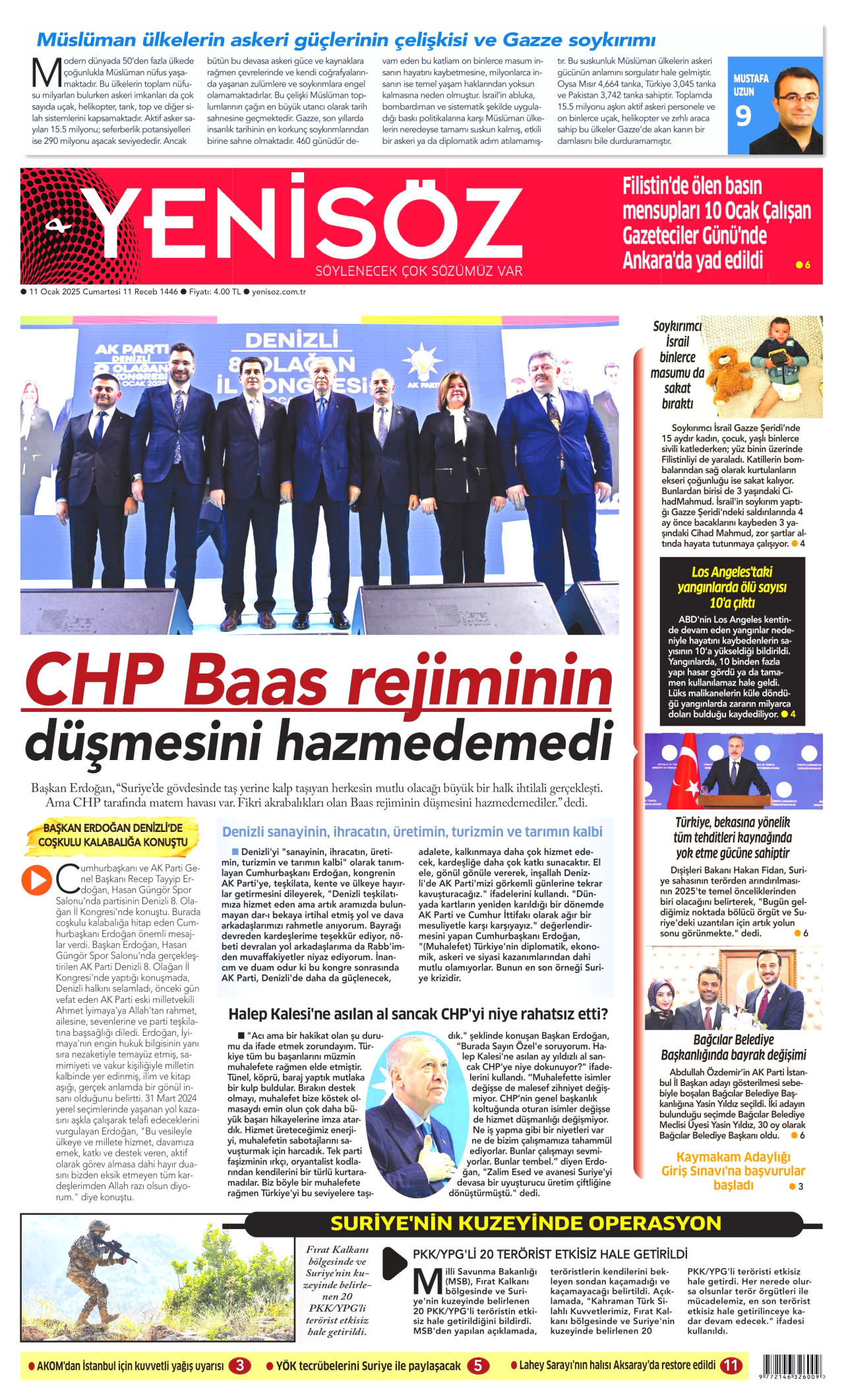 YENİ SÖZ GAZETESİ gazetesinin 11 Ocak 2025 tarihli birinci sayfası