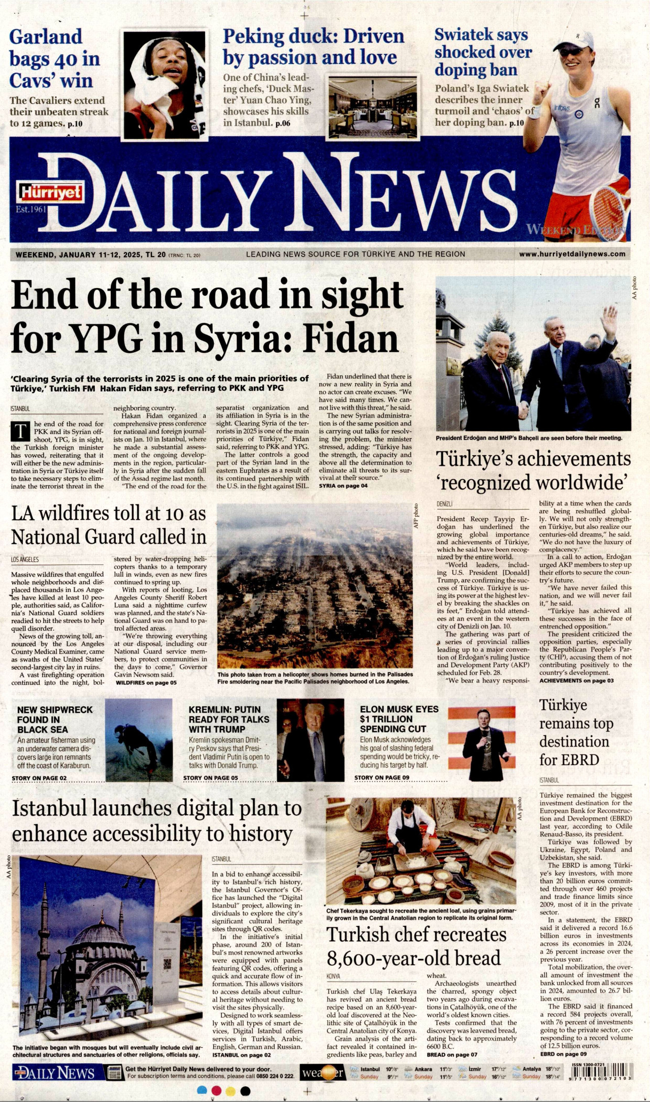 HÜRRİYET DAİLY NEWS gazetesinin 11 Ocak 2025 tarihli birinci sayfası