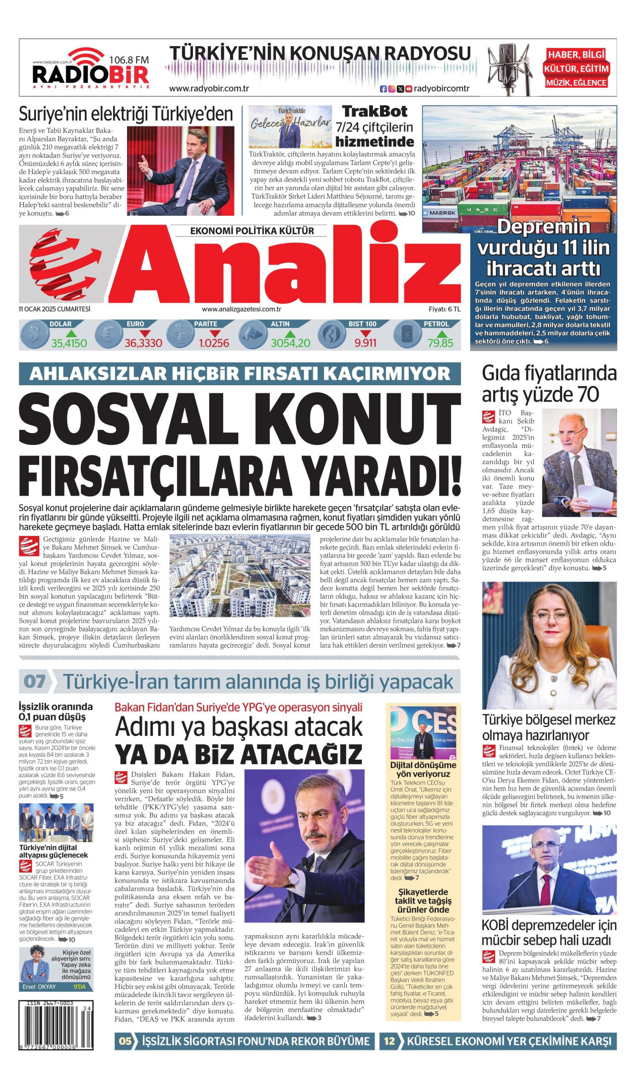ANALİZ gazetesinin 11 Ocak 2025 tarihli birinci sayfası