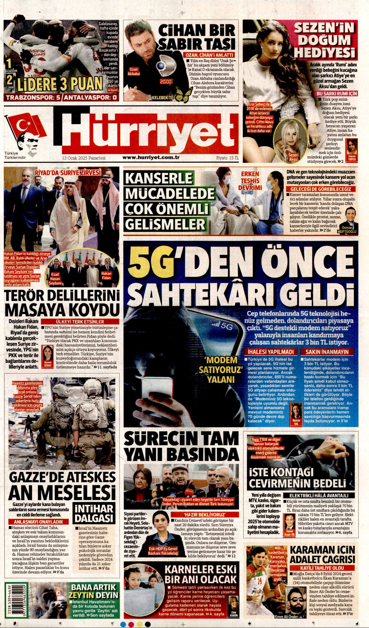 HÜRRİYET gazetesinin 13 Ocak 2025 tarihli birinci sayfası