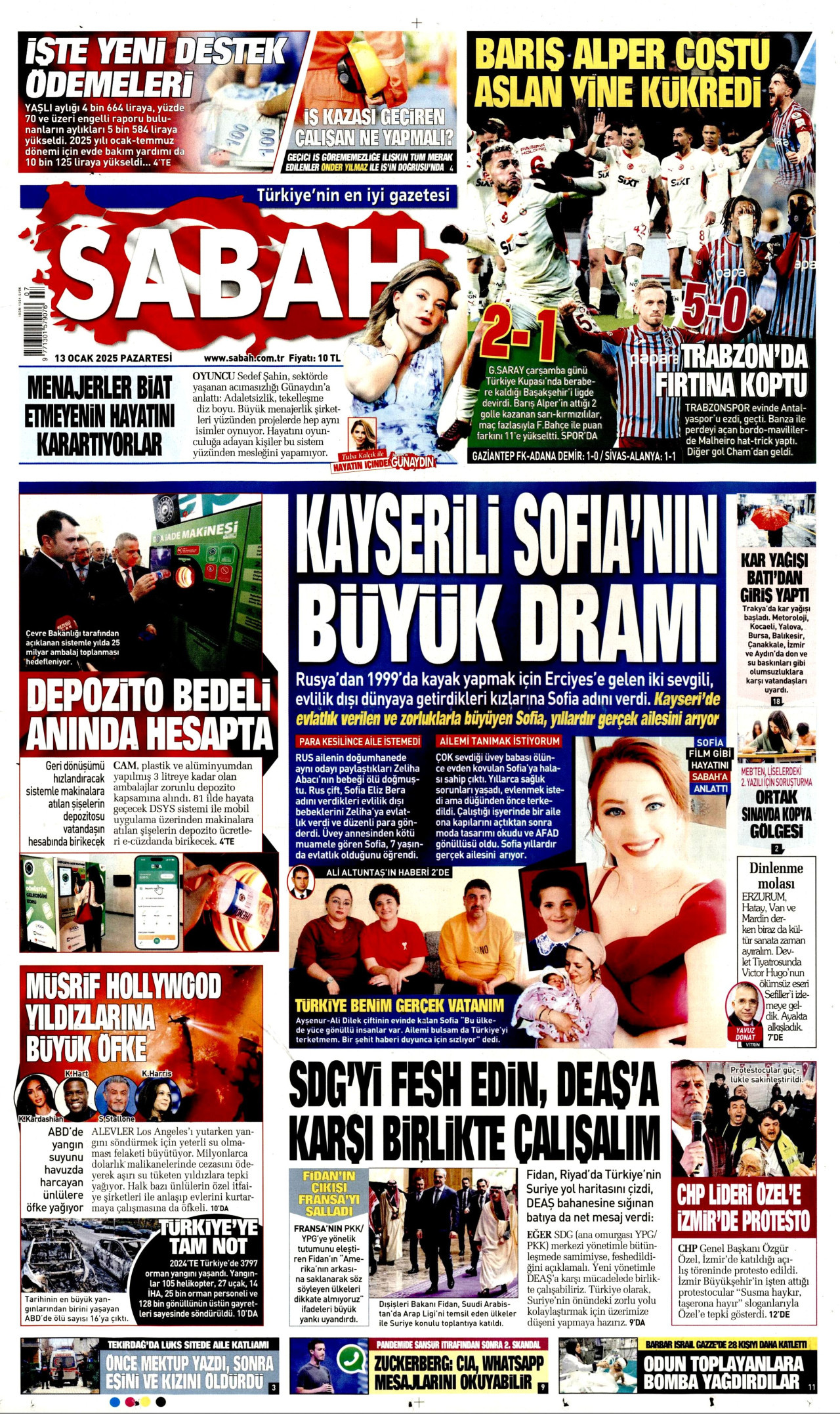 SABAH gazetesinin 13 Ocak 2025 tarihli birinci sayfası