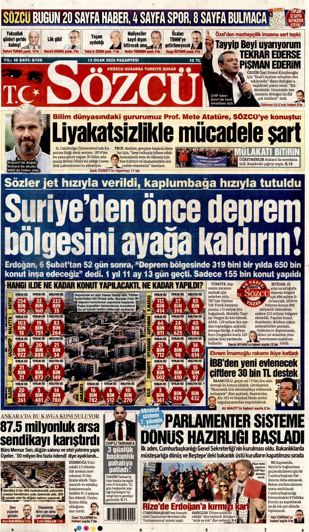SÖZCÜ gazetesinin 13 Ocak 2025 tarihli birinci sayfası