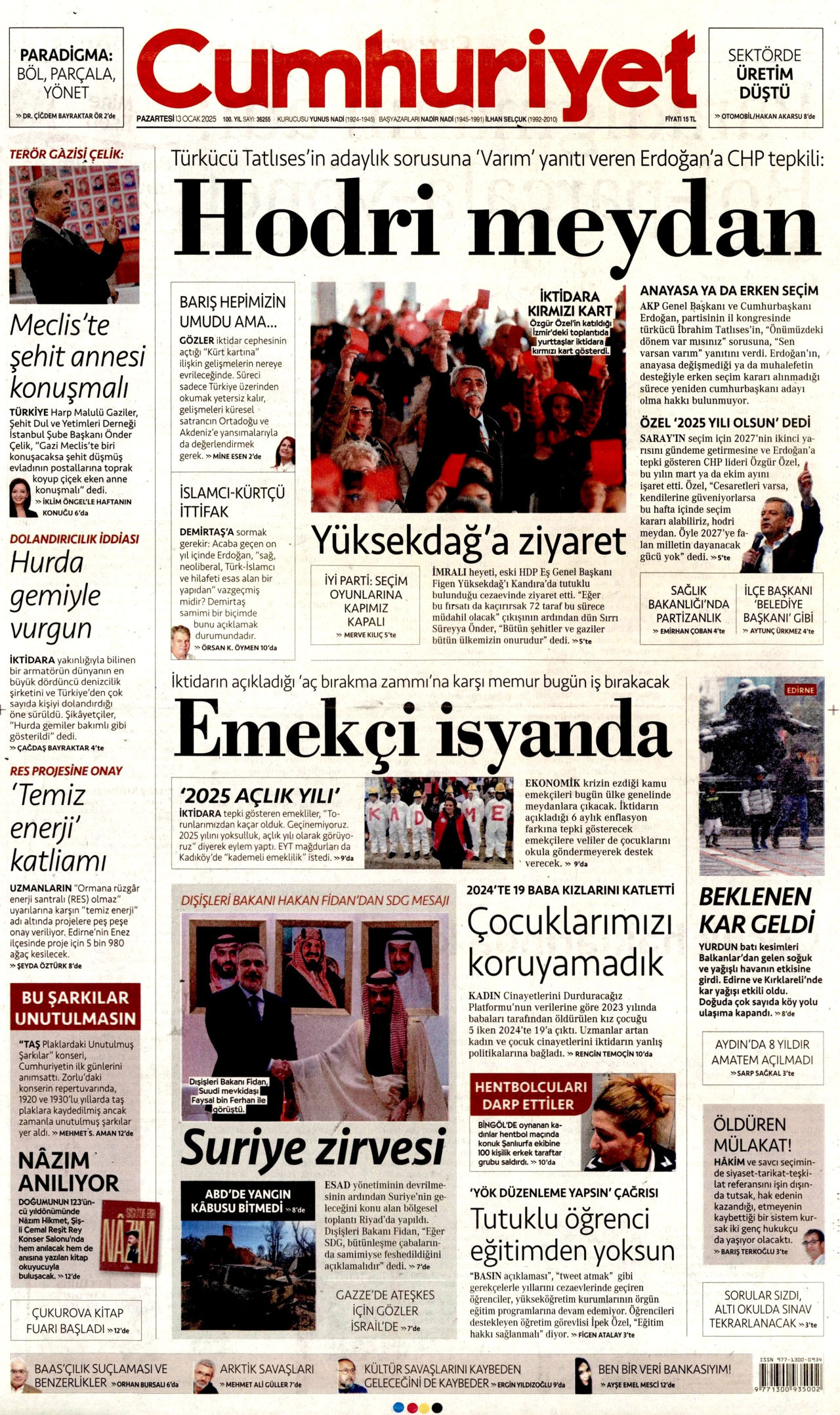 CUMHURİYET gazetesinin 13 Ocak 2025 tarihli birinci sayfası