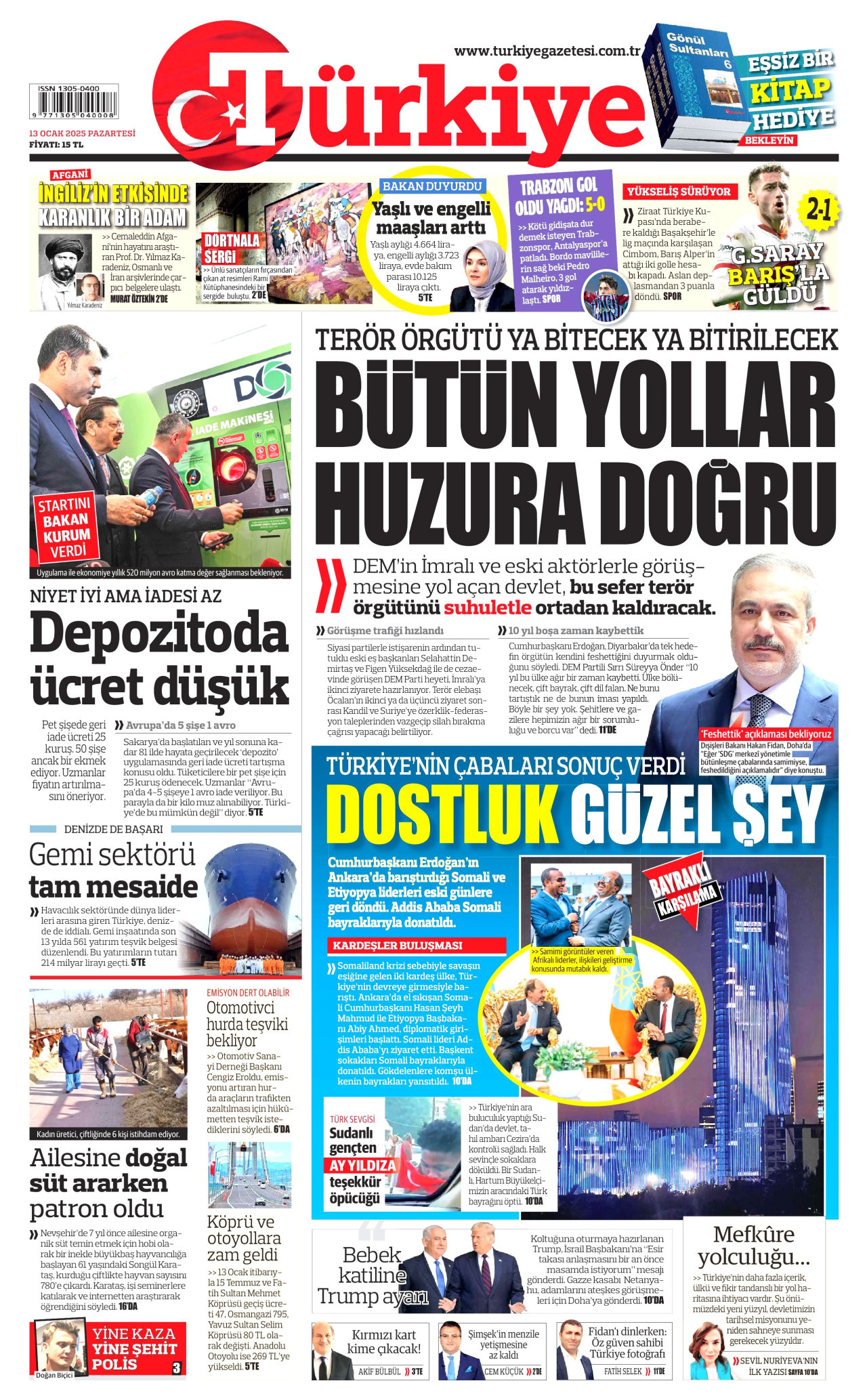 TÜRKİYE GAZETESİ gazetesinin 13 Ocak 2025 tarihli birinci sayfası