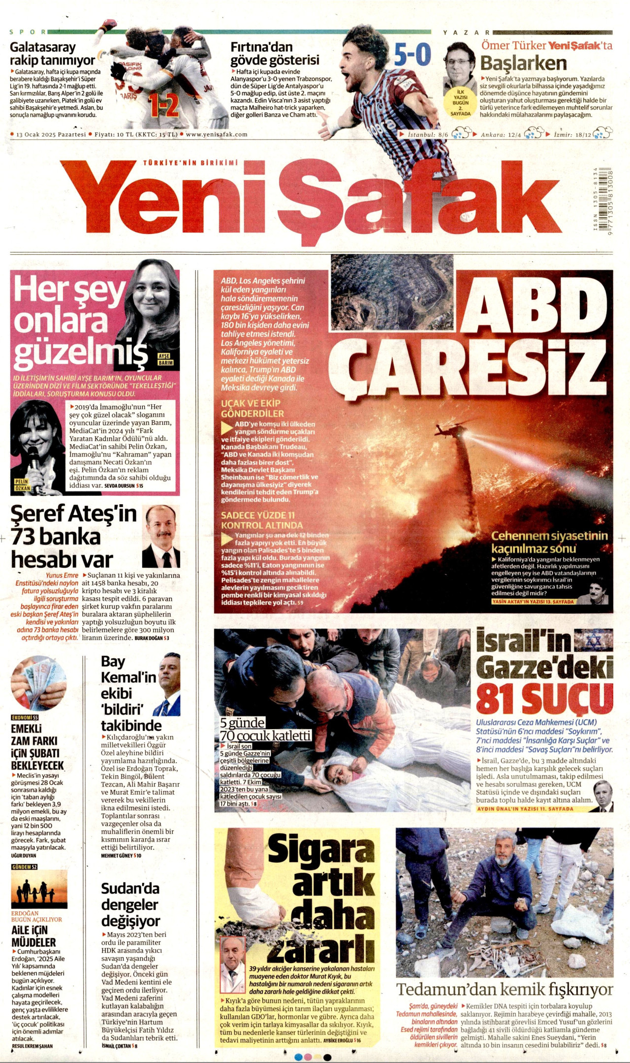 YENİ ŞAFAK gazetesinin 13 Ocak 2025 tarihli birinci sayfası