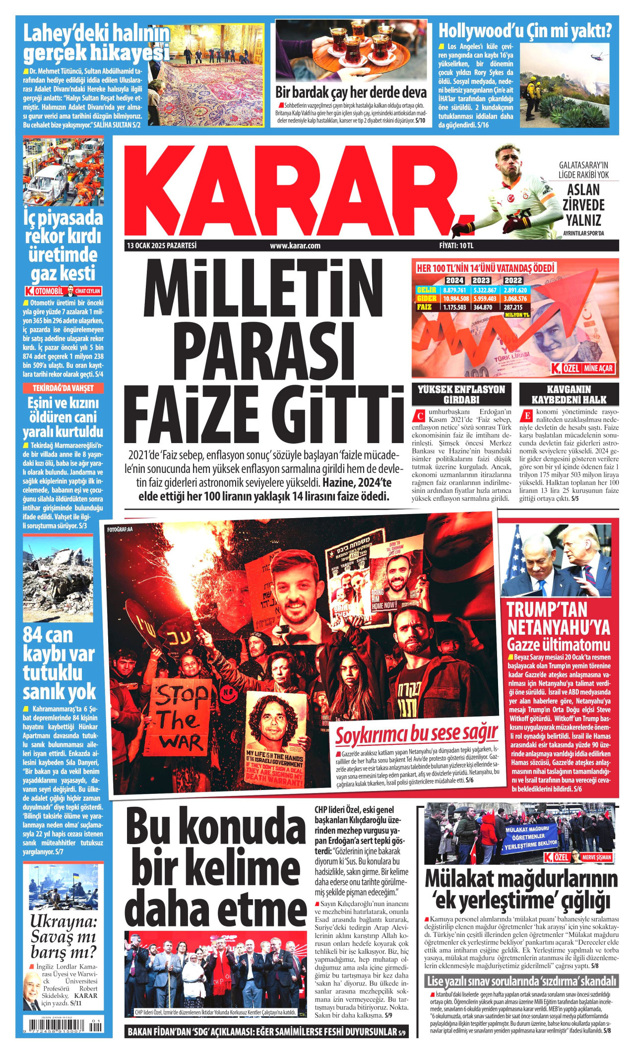 KARAR gazetesinin 13 Ocak 2025 tarihli birinci sayfası