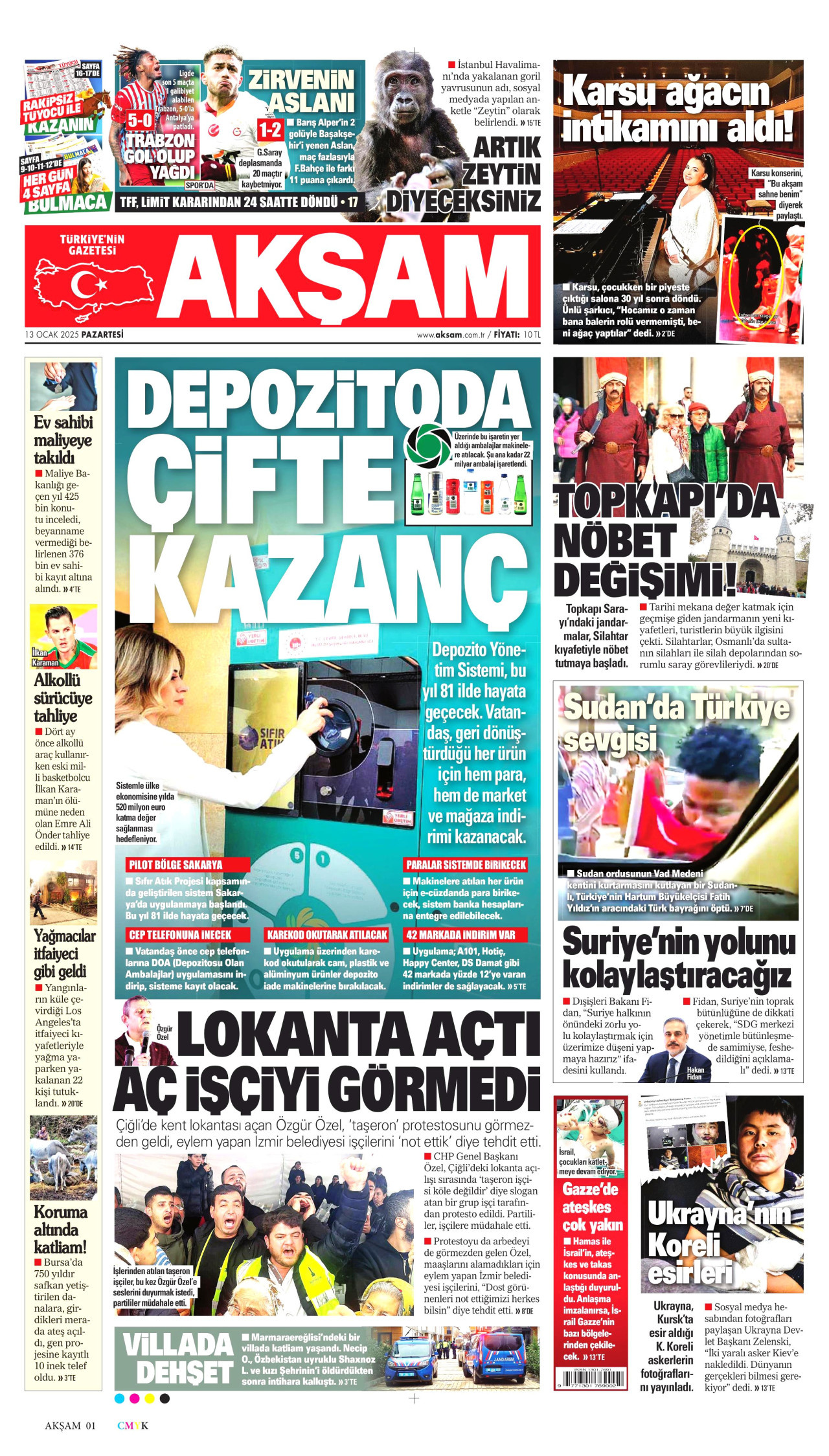 AKŞAM gazetesinin 13 Ocak 2025 tarihli birinci sayfası