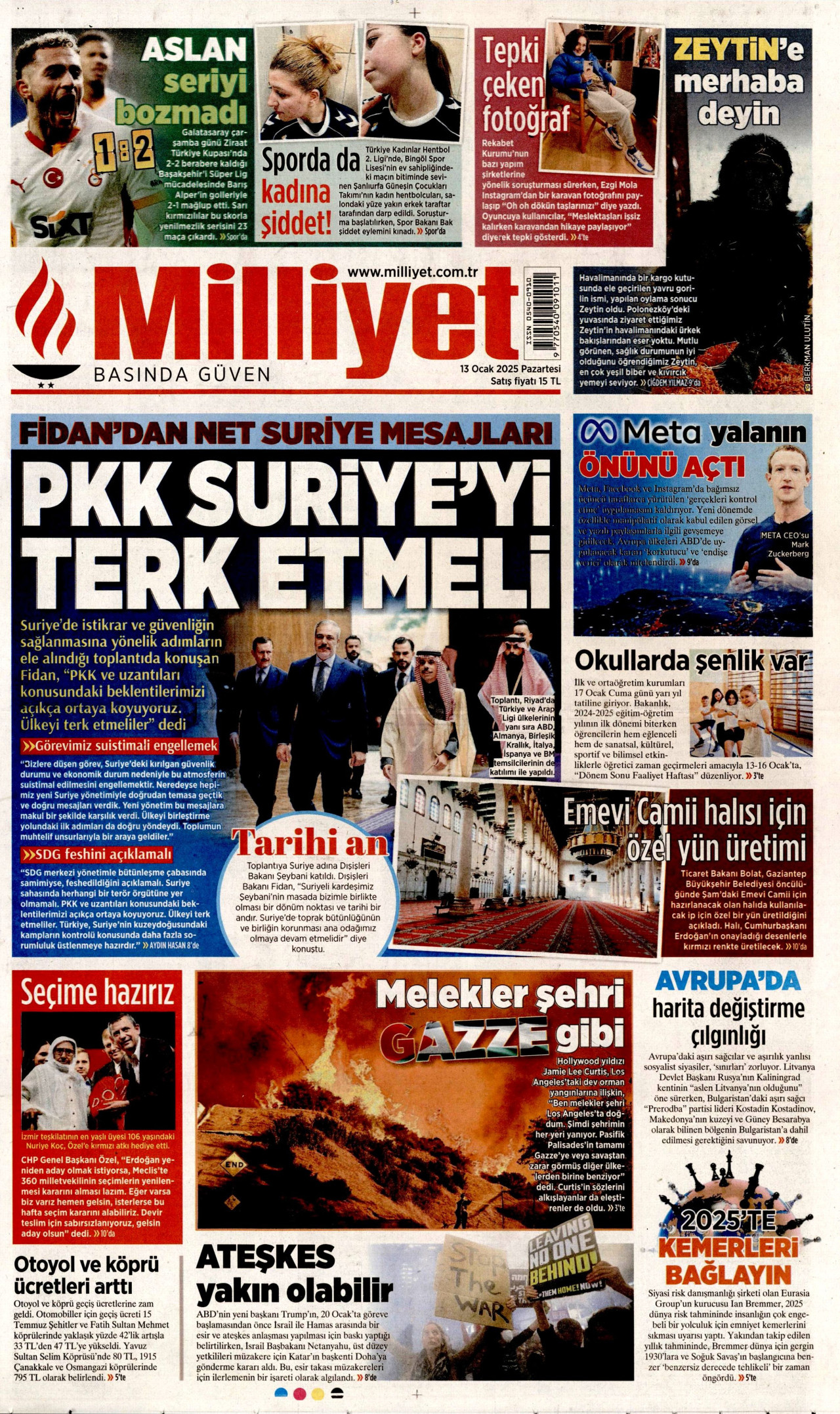MİLLİYET gazetesinin 13 Ocak 2025 tarihli birinci sayfası