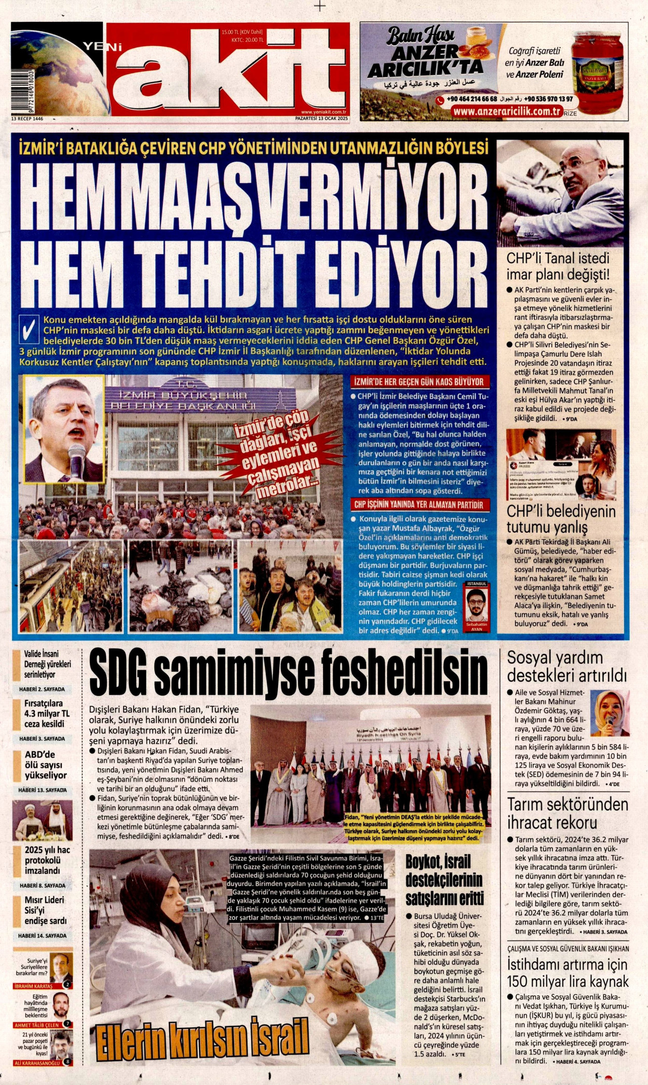 YENİ AKİT gazetesinin 13 Ocak 2025 tarihli birinci sayfası