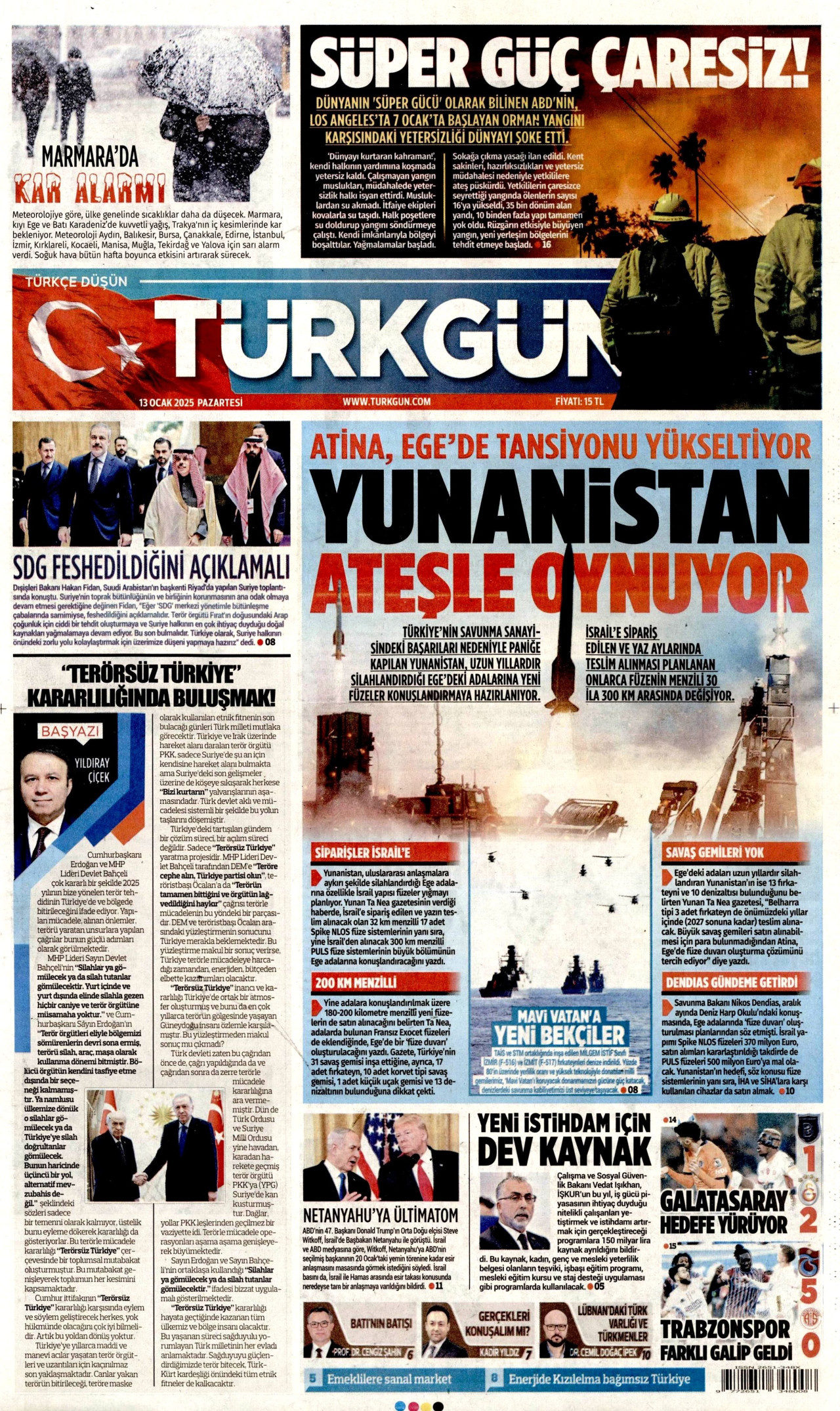 TÜRKGÜN gazetesinin 13 Ocak 2025 tarihli birinci sayfası