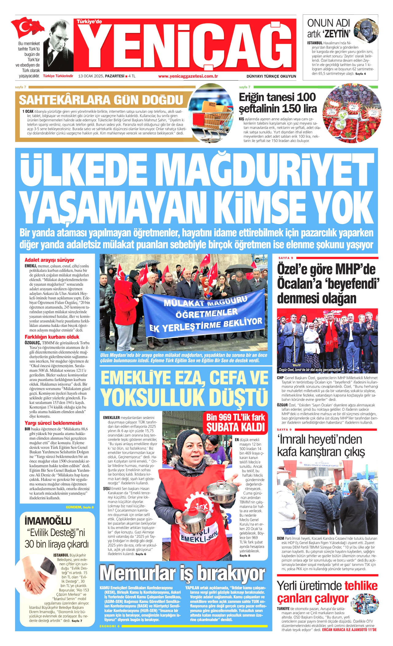 YENİÇAĞ gazetesinin 13 Ocak 2025 tarihli birinci sayfası