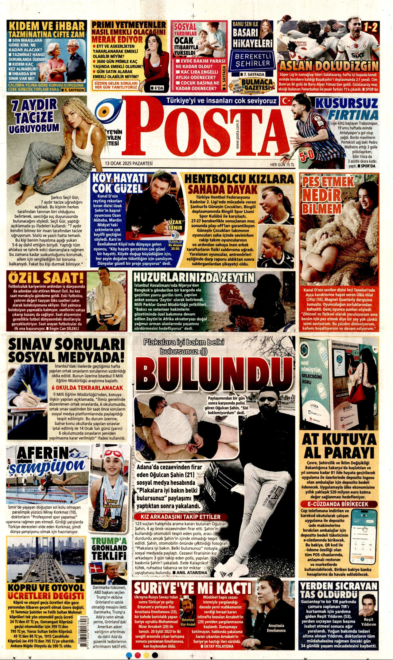POSTA gazetesinin 13 Ocak 2025 tarihli birinci sayfası