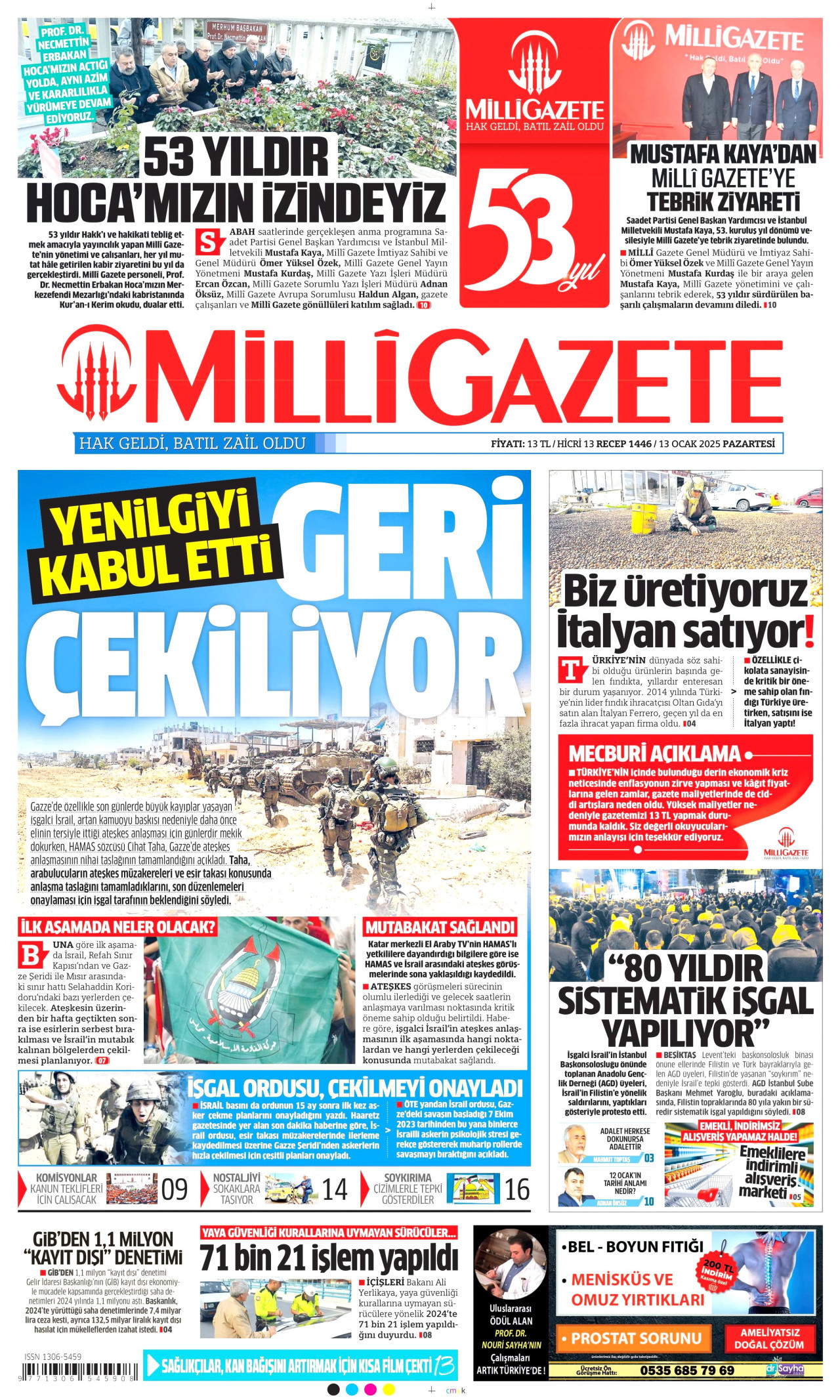 MİLLİ GAZETE gazetesinin 13 Ocak 2025 tarihli birinci sayfası