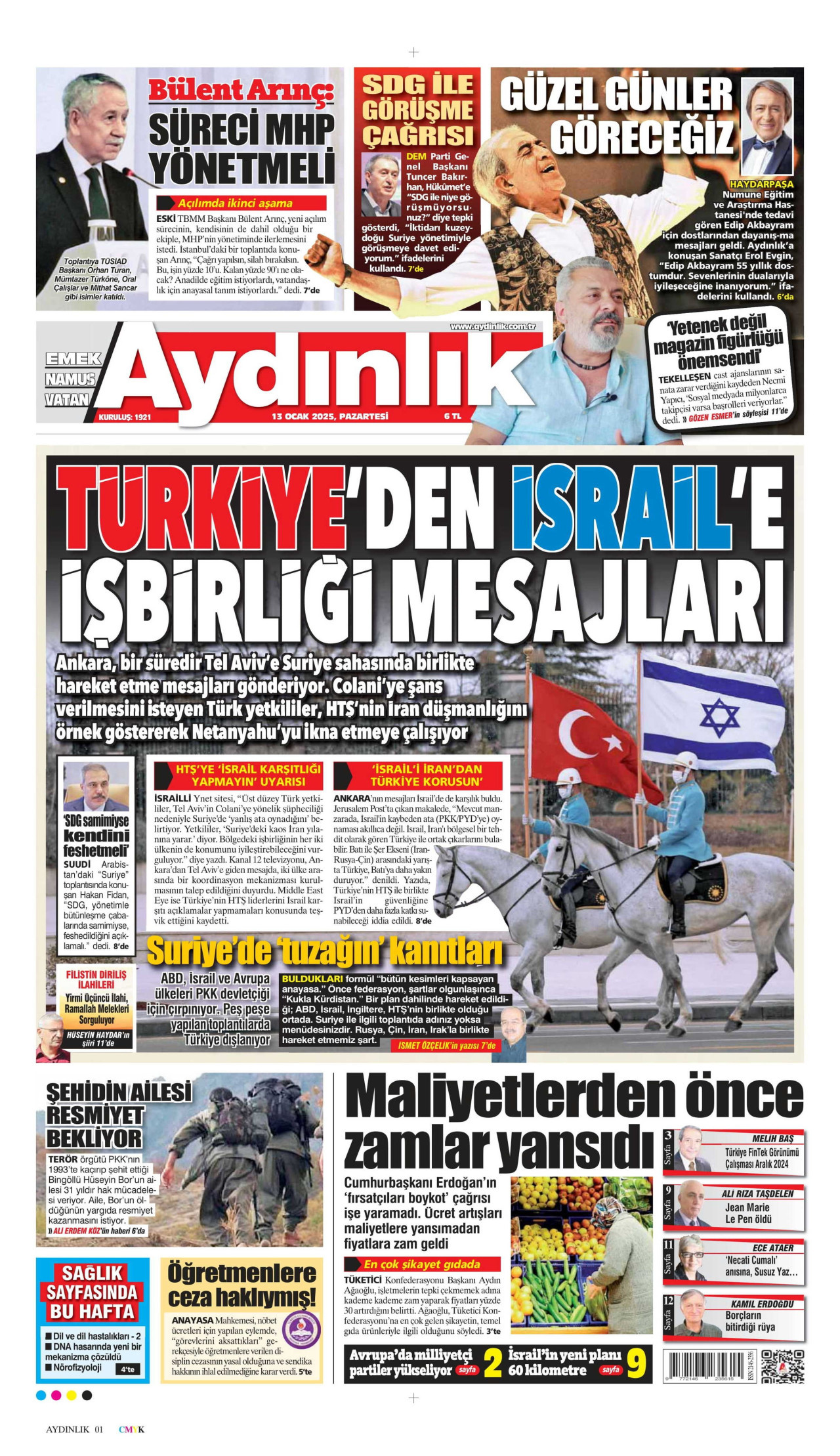 AYDINLIK GAZETESİ gazetesinin 13 Ocak 2025 tarihli birinci sayfası