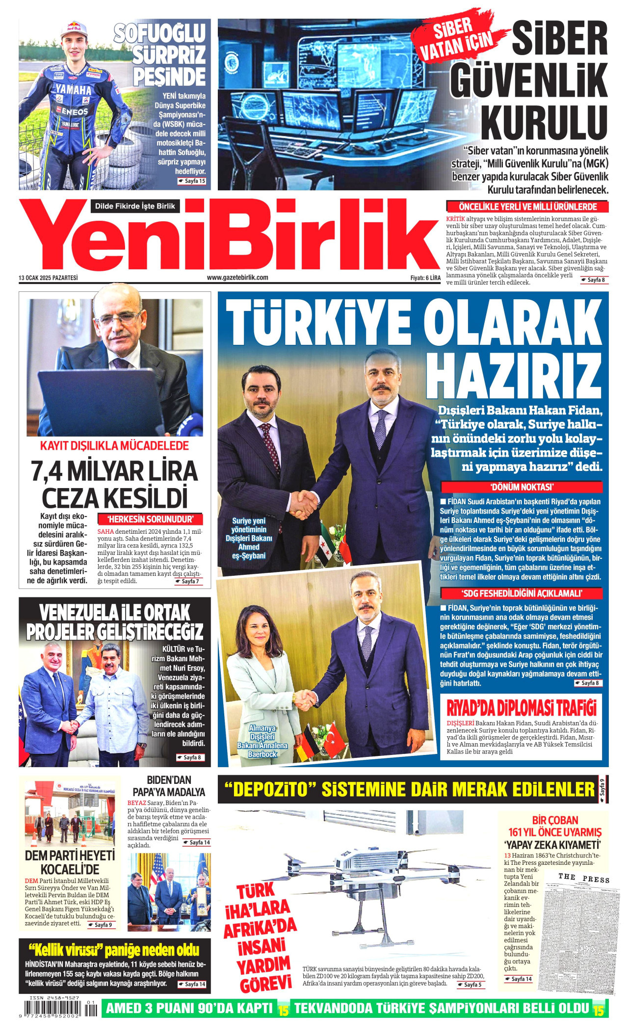 YENİBİRLİK gazetesinin 13 Ocak 2025 tarihli birinci sayfası